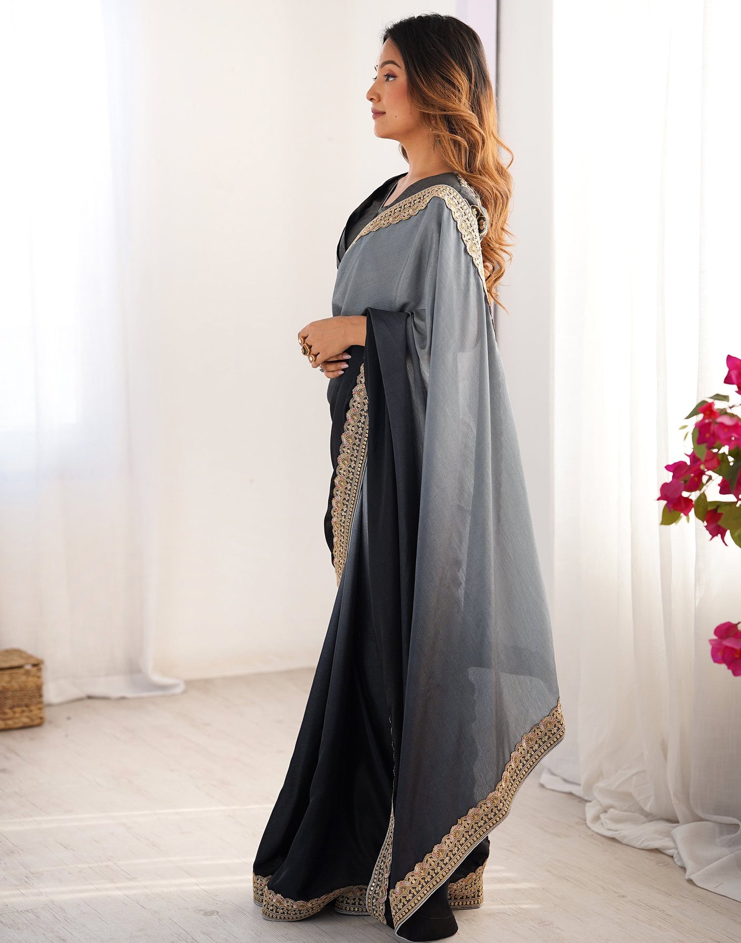Black Chinnon Sequence Lace Saree