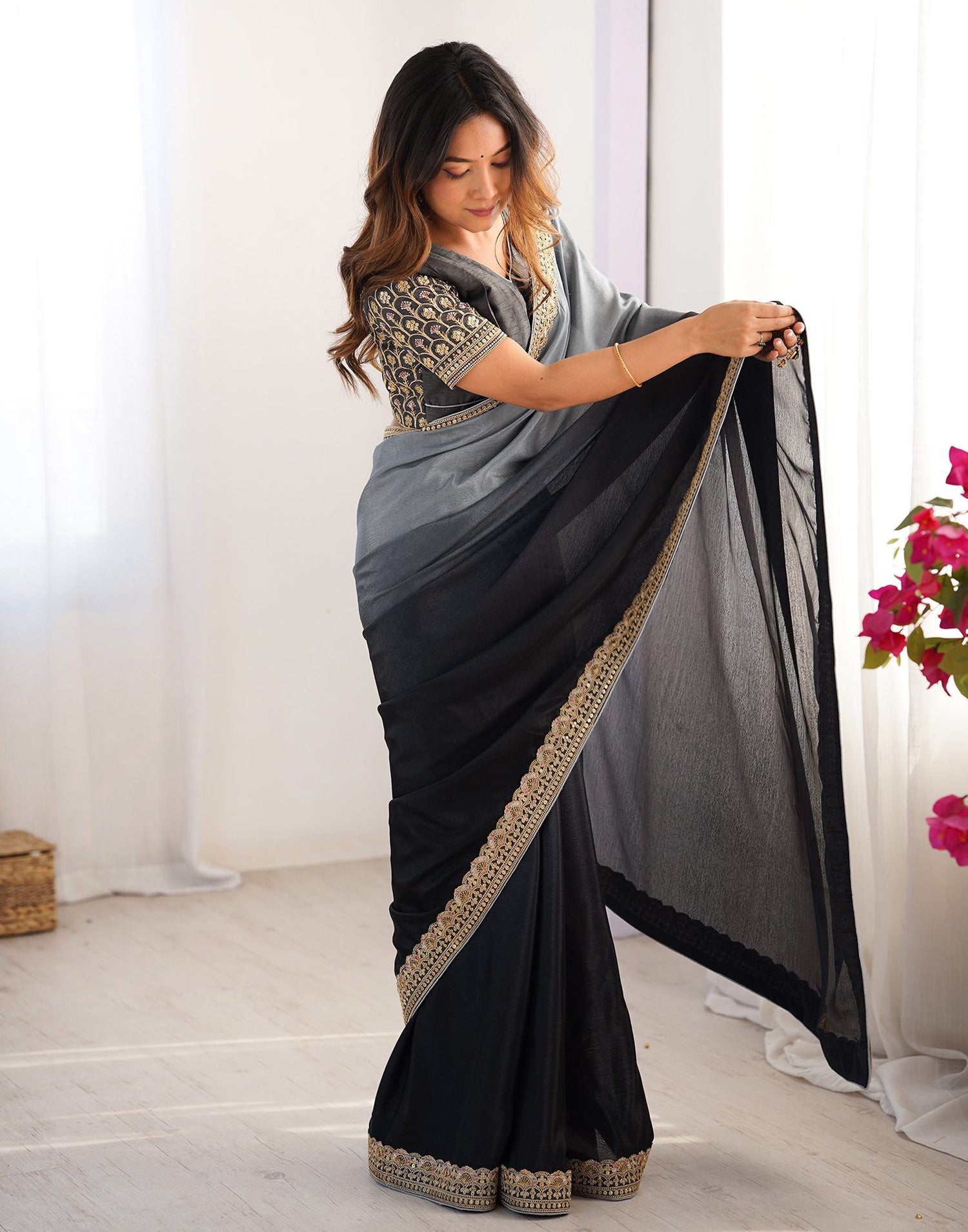 Black Chinnon Sequence Lace Saree