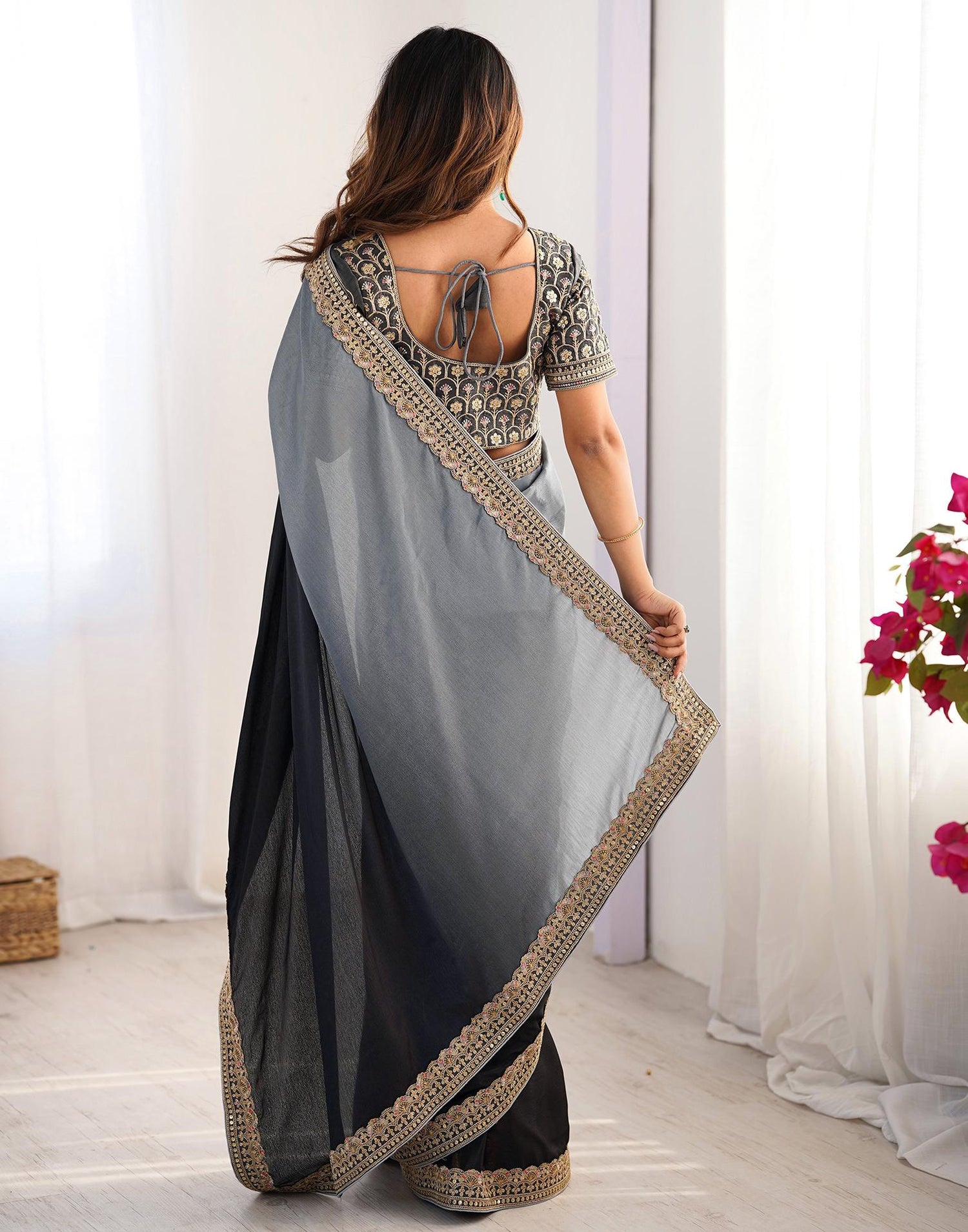Black Chinnon Sequence Lace Saree