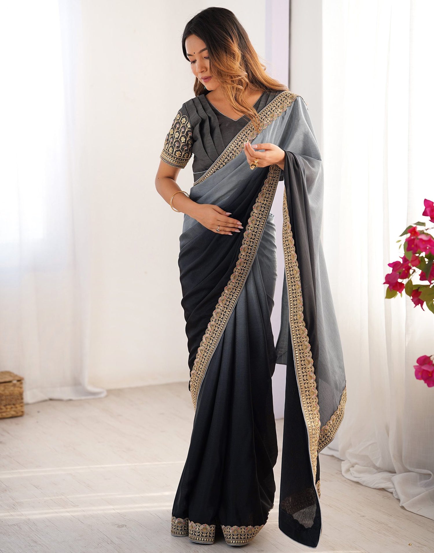 Black Chinnon Sequence Lace Saree