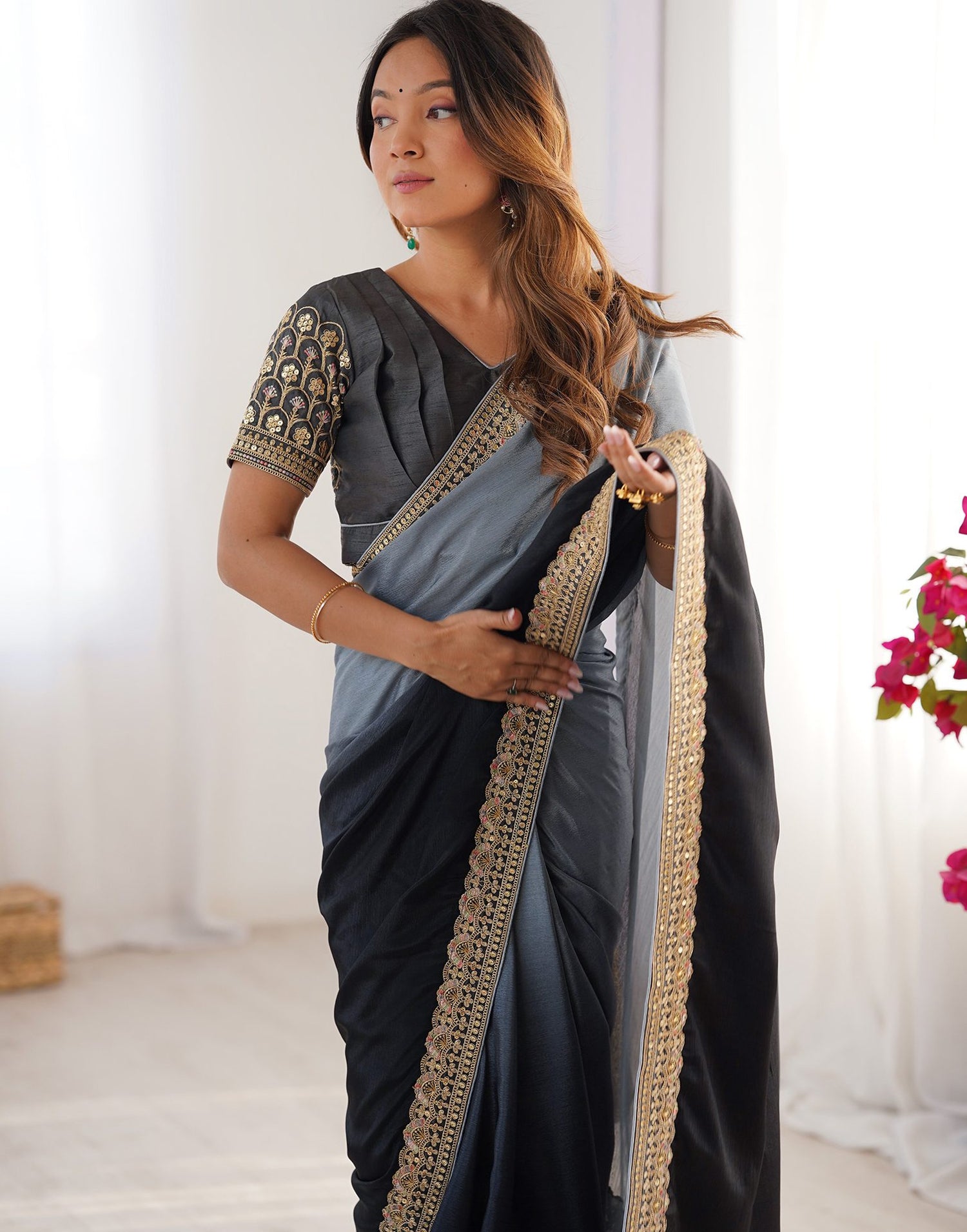 Black Chinnon Sequence Lace Saree