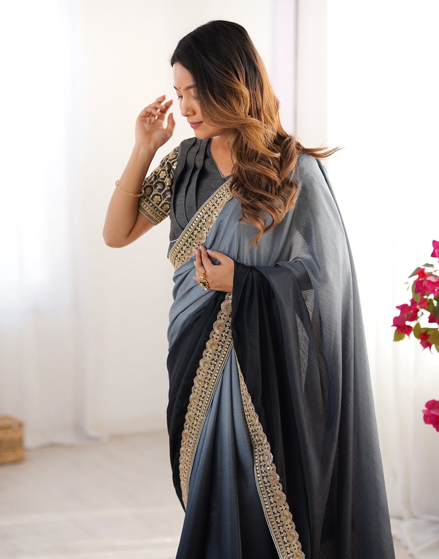 Black Chinnon Sequence Lace Saree