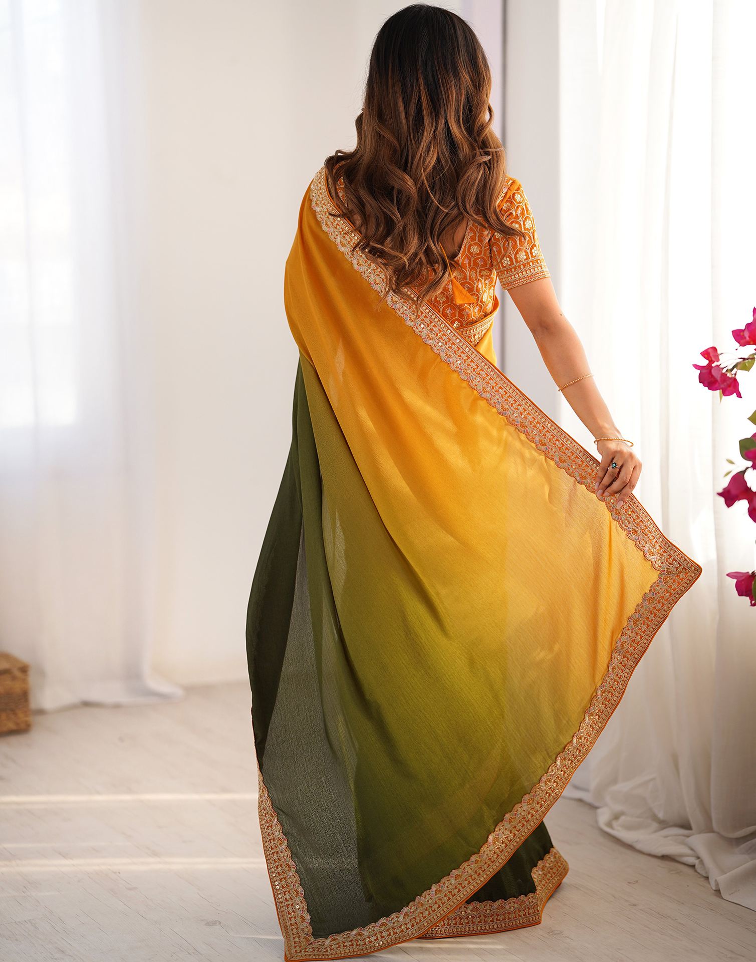 Olive Green Chinnon Sequence Lace Saree