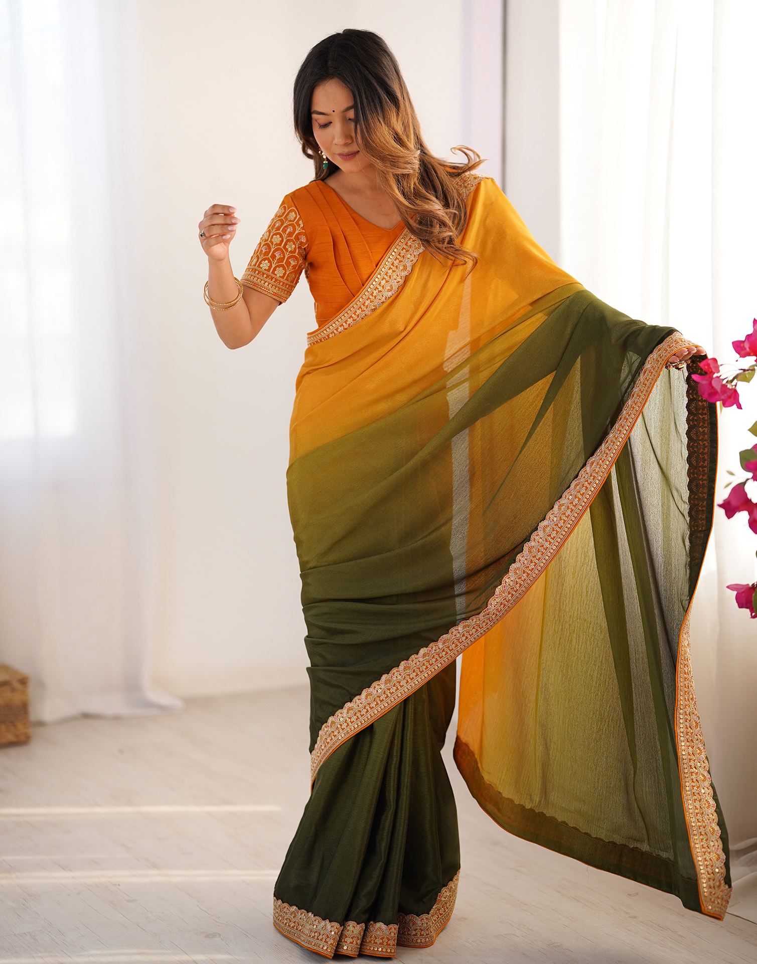 Olive Green Chinnon Sequence Lace Saree