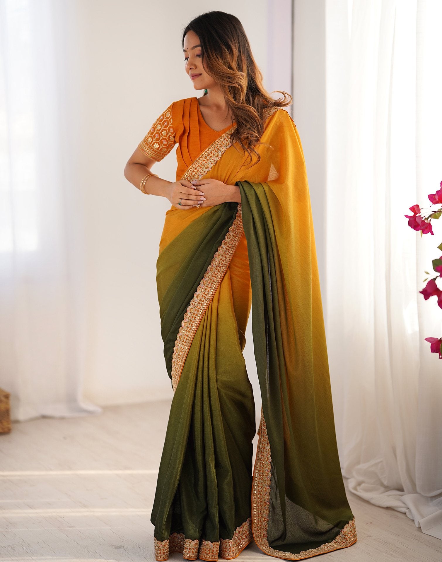 Olive Green Chinnon Sequence Lace Saree
