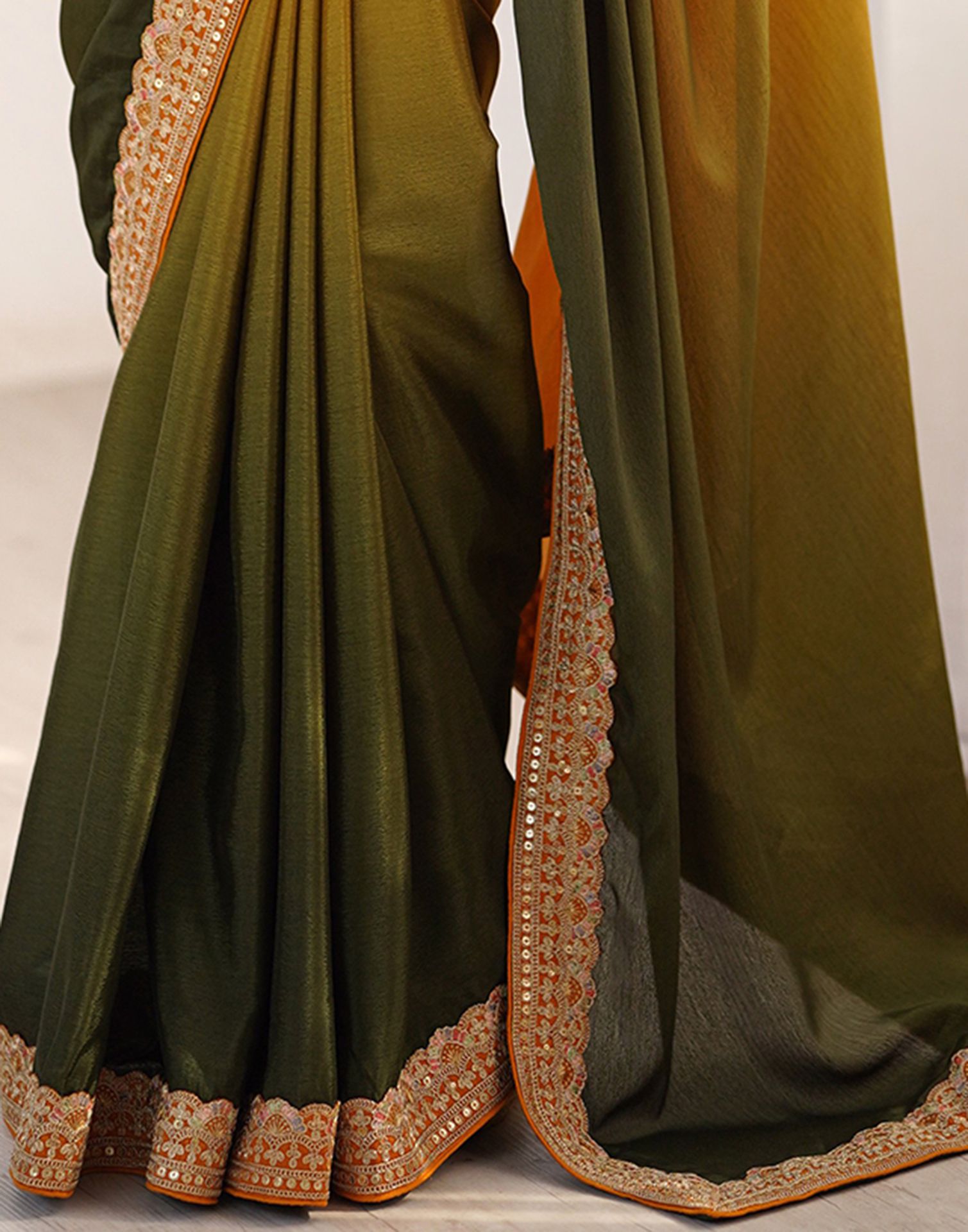 Olive Green Chinnon Sequence Lace Saree