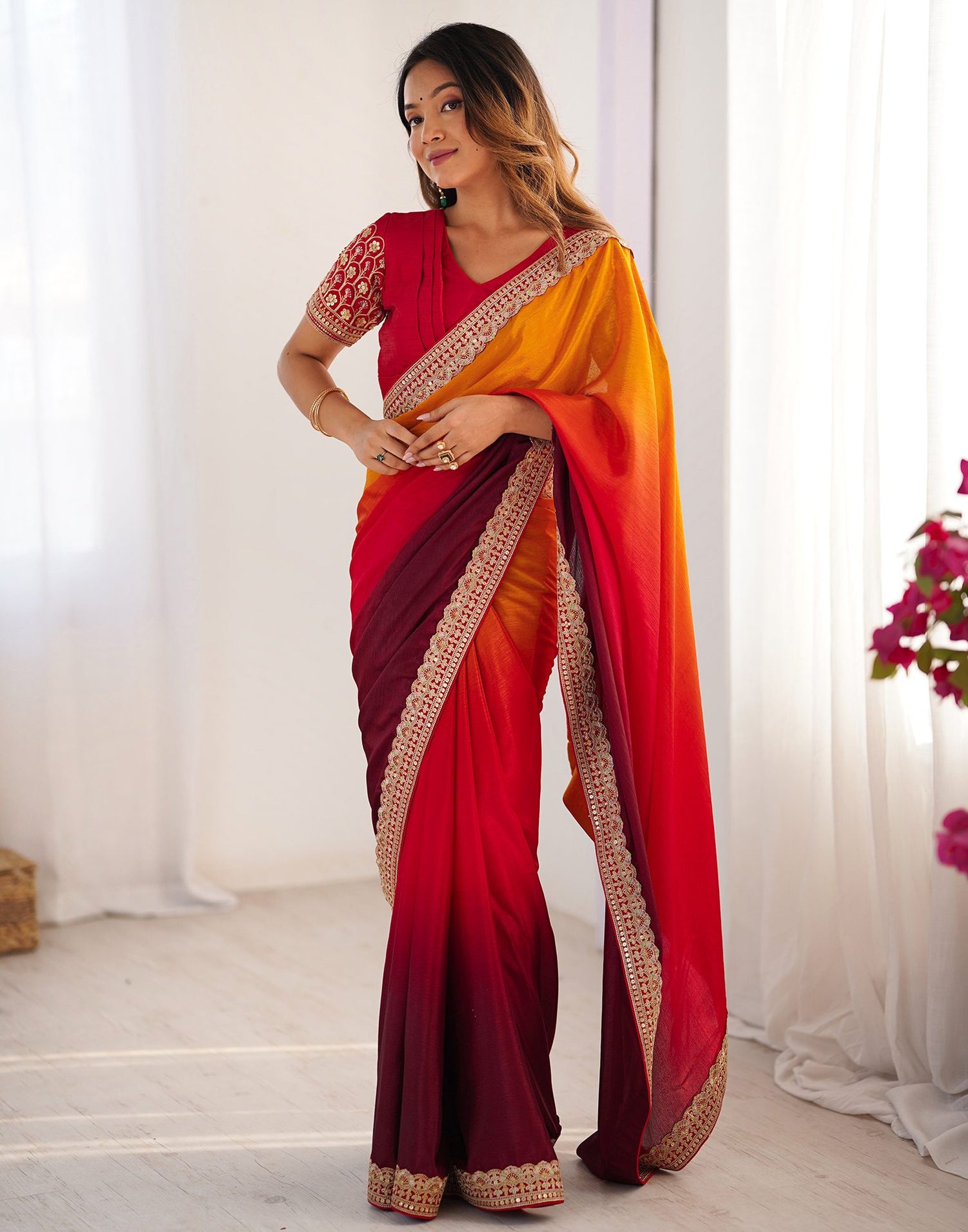 Maroon Chinnon Sequence Lace Saree