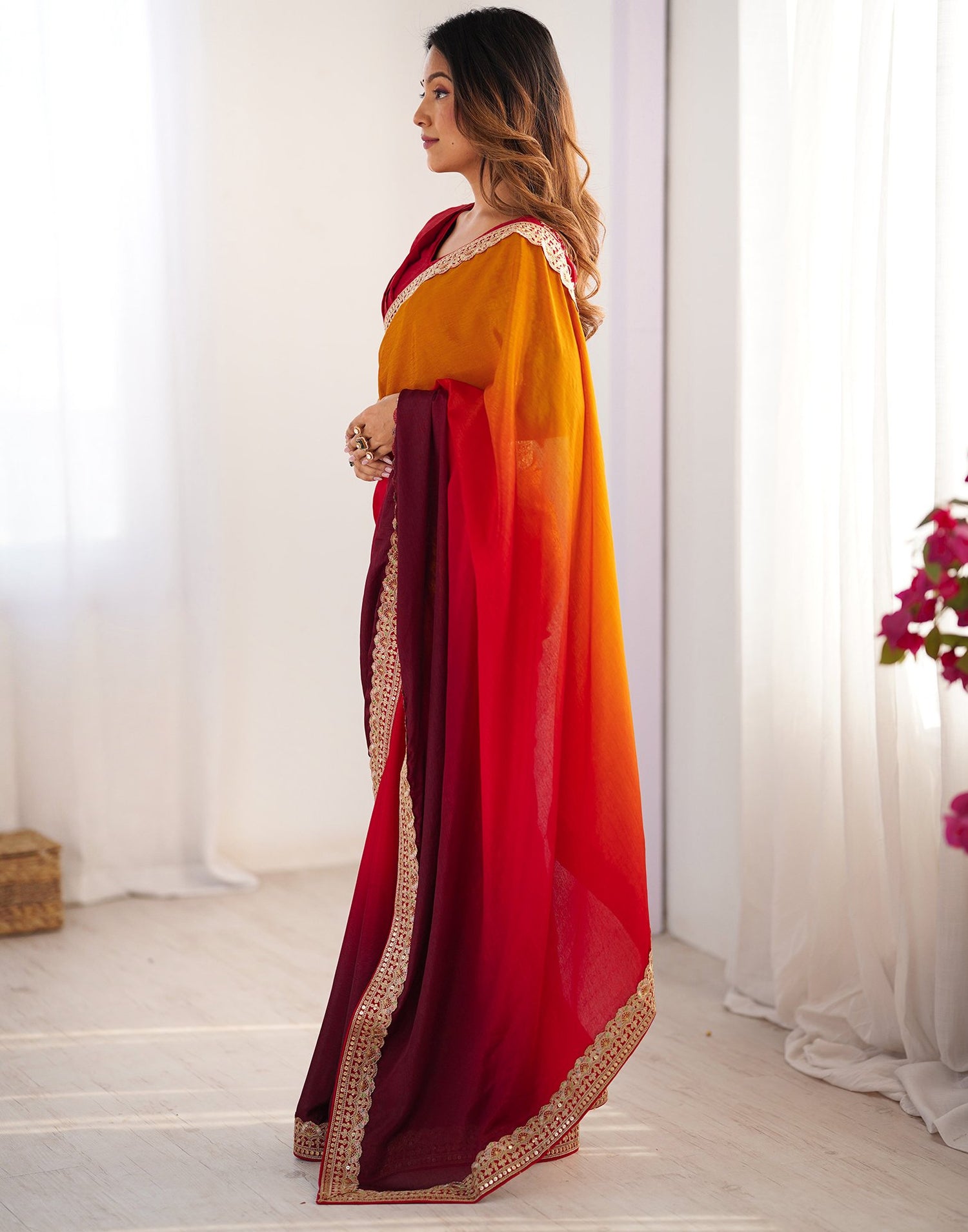 Maroon Chinnon Sequence Lace Saree
