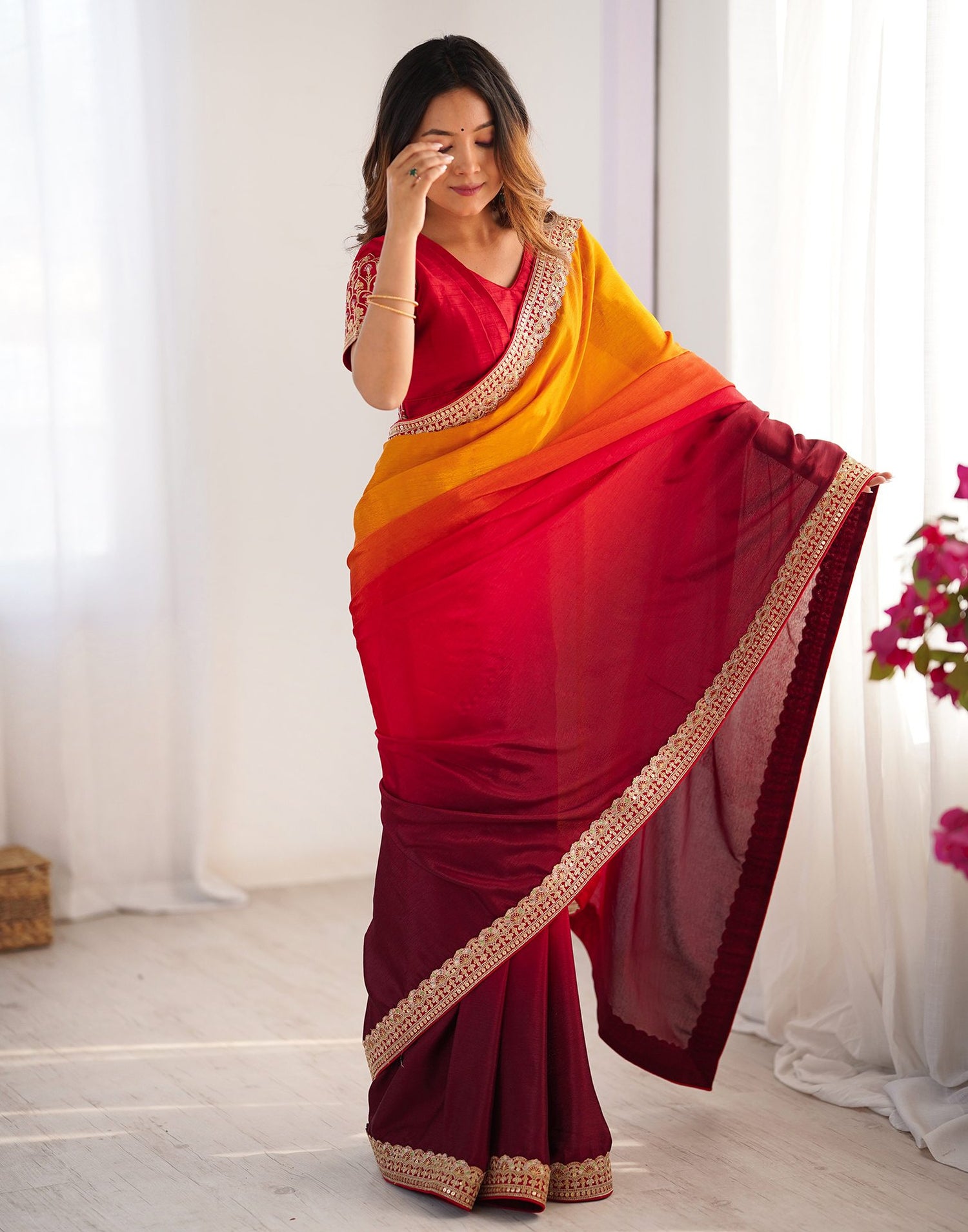 Maroon Chinnon Sequence Lace Saree