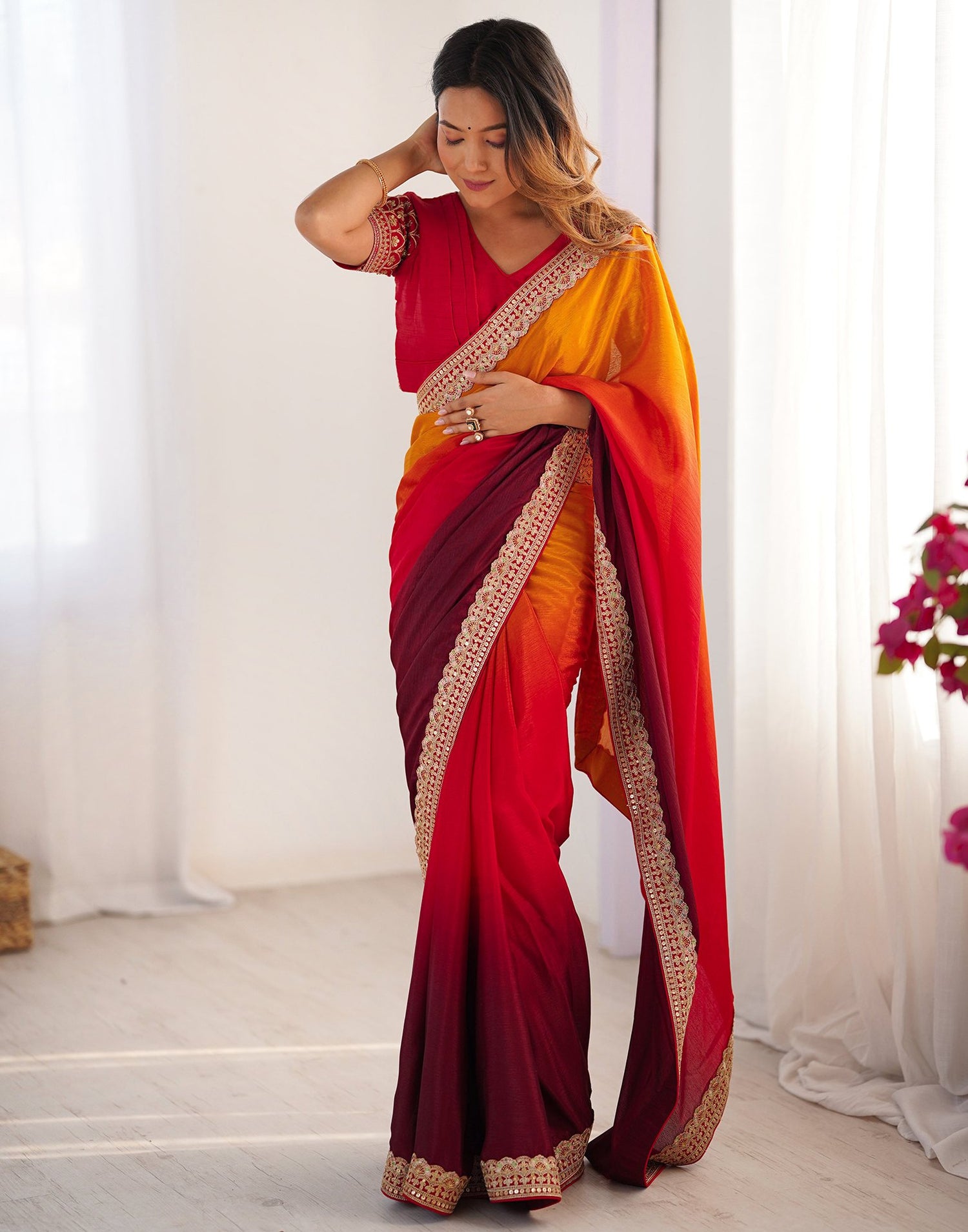 Maroon Chinnon Sequence Lace Saree