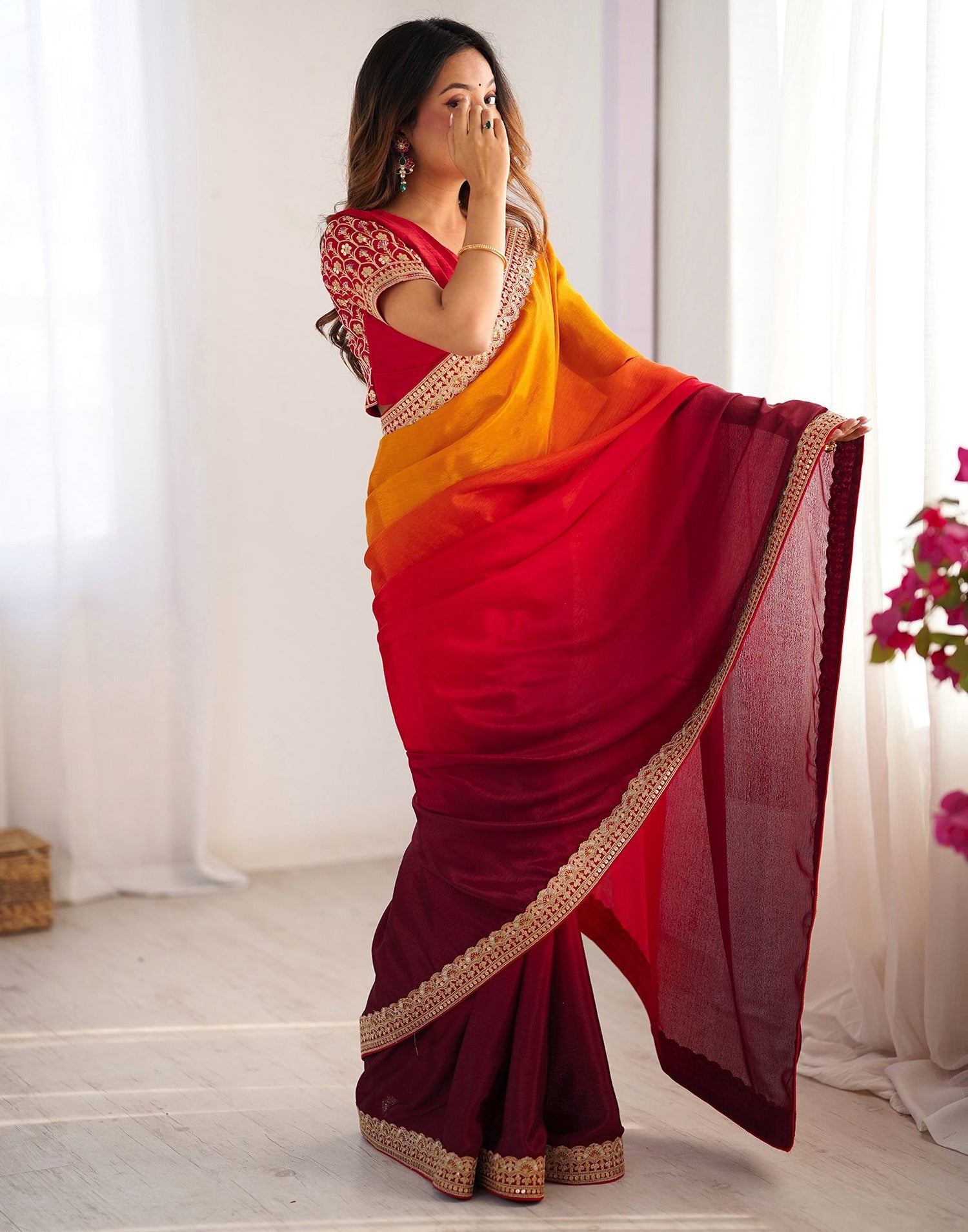 Maroon Chinnon Sequence Lace Saree