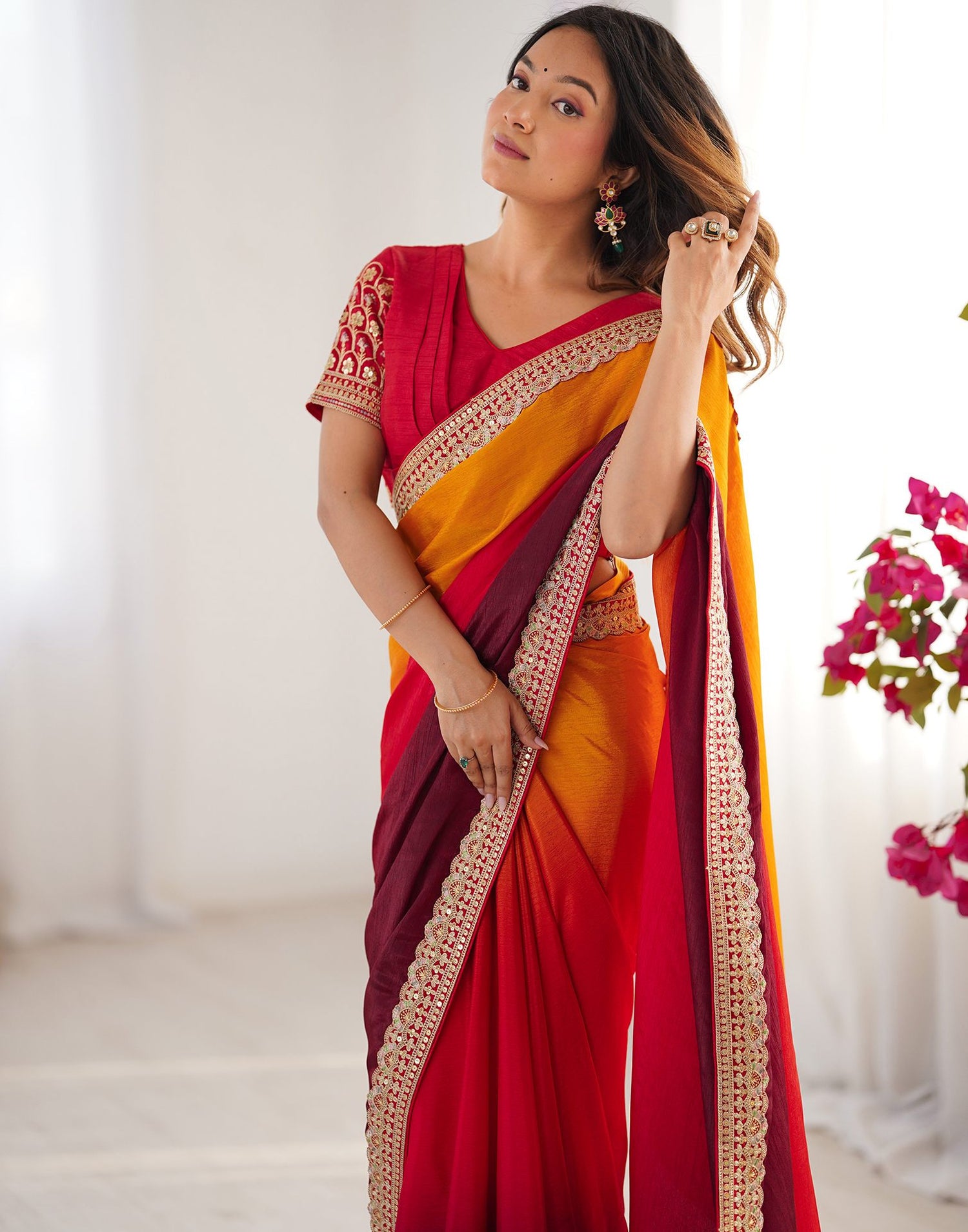 Maroon Chinnon Sequence Lace Saree