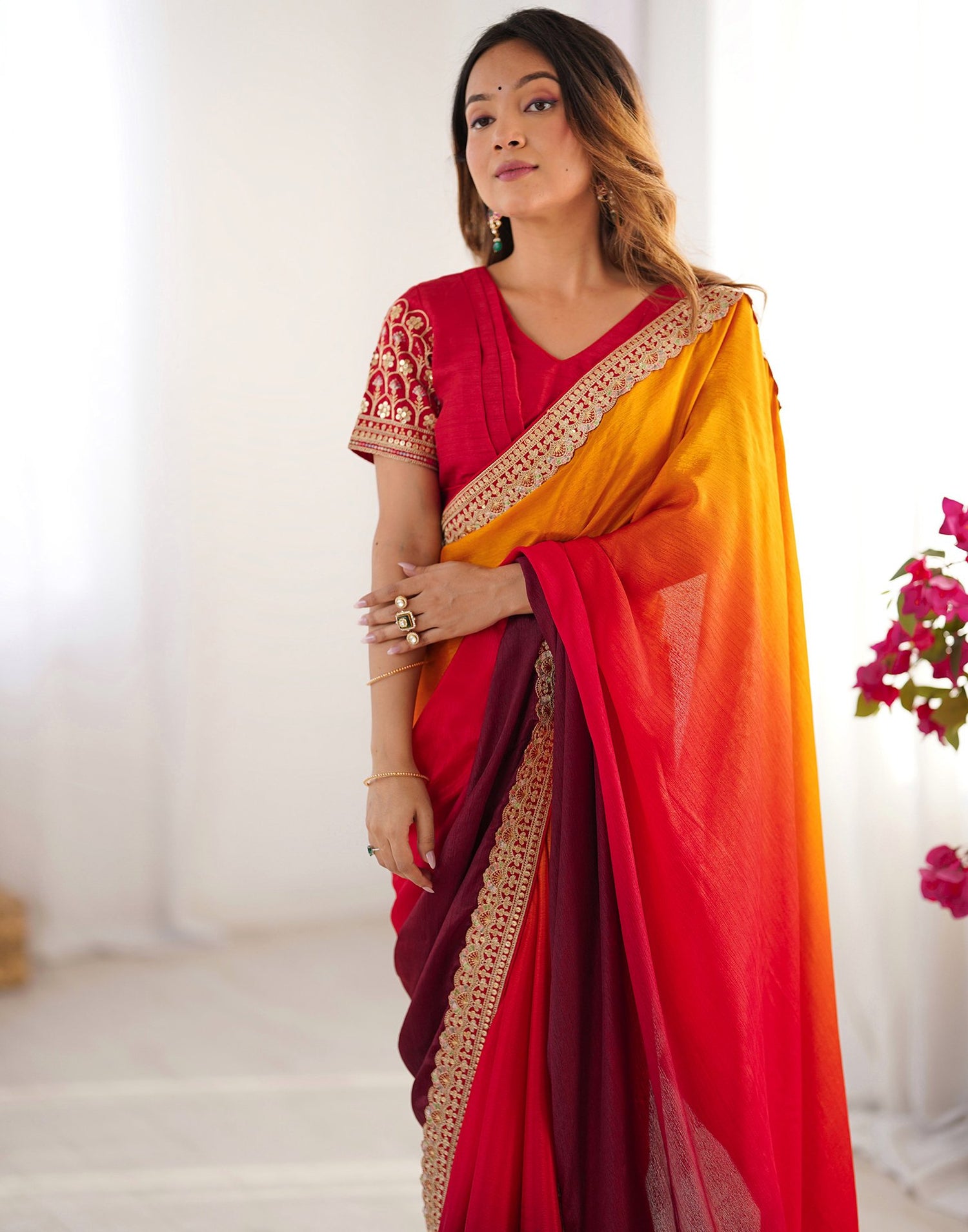 Maroon Chinnon Sequence Lace Saree