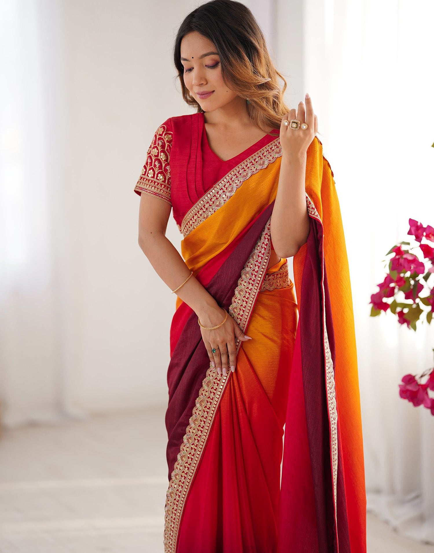 Maroon Chinnon Sequence Lace Saree