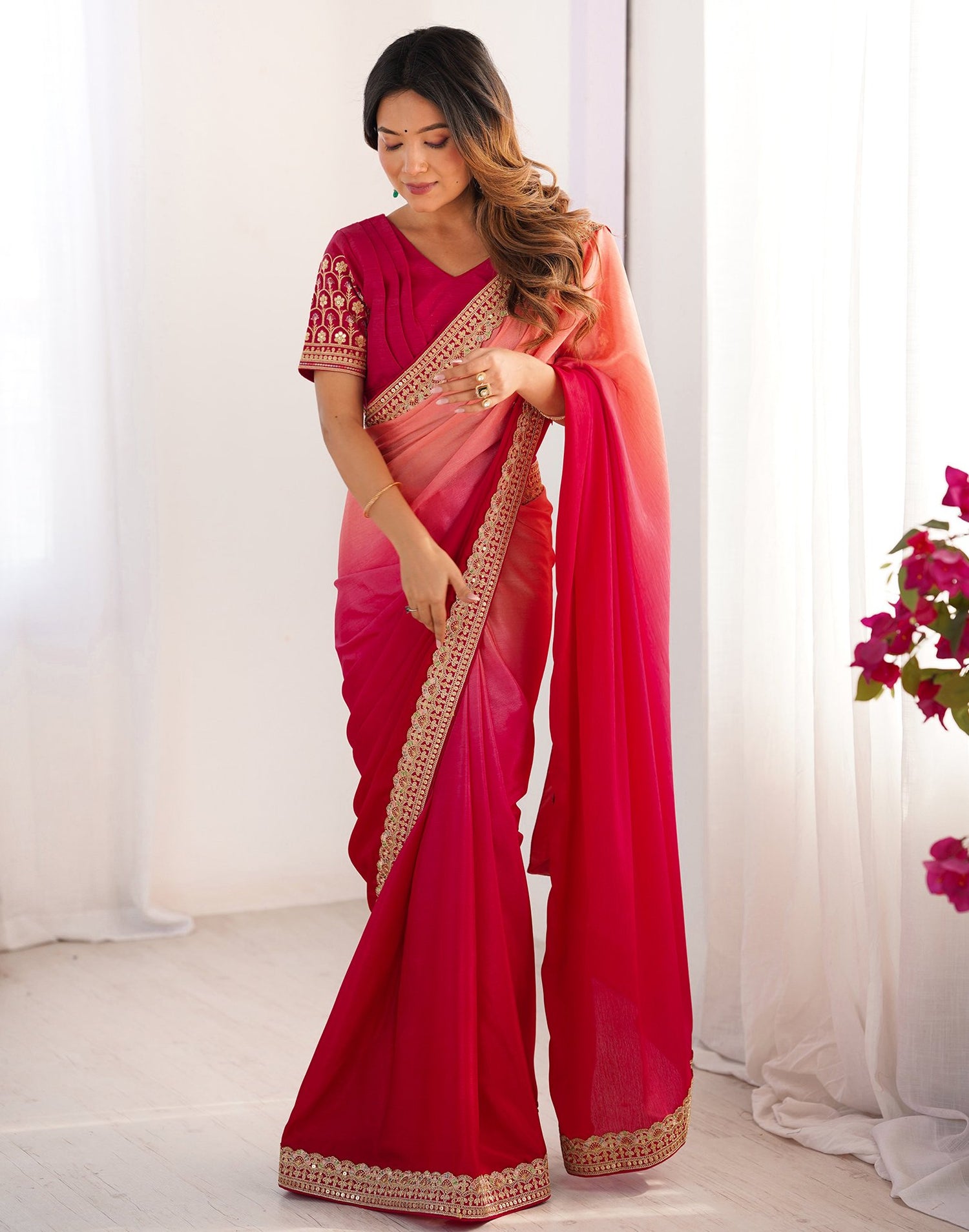 Pink Chinnon Sequence Lace Saree
