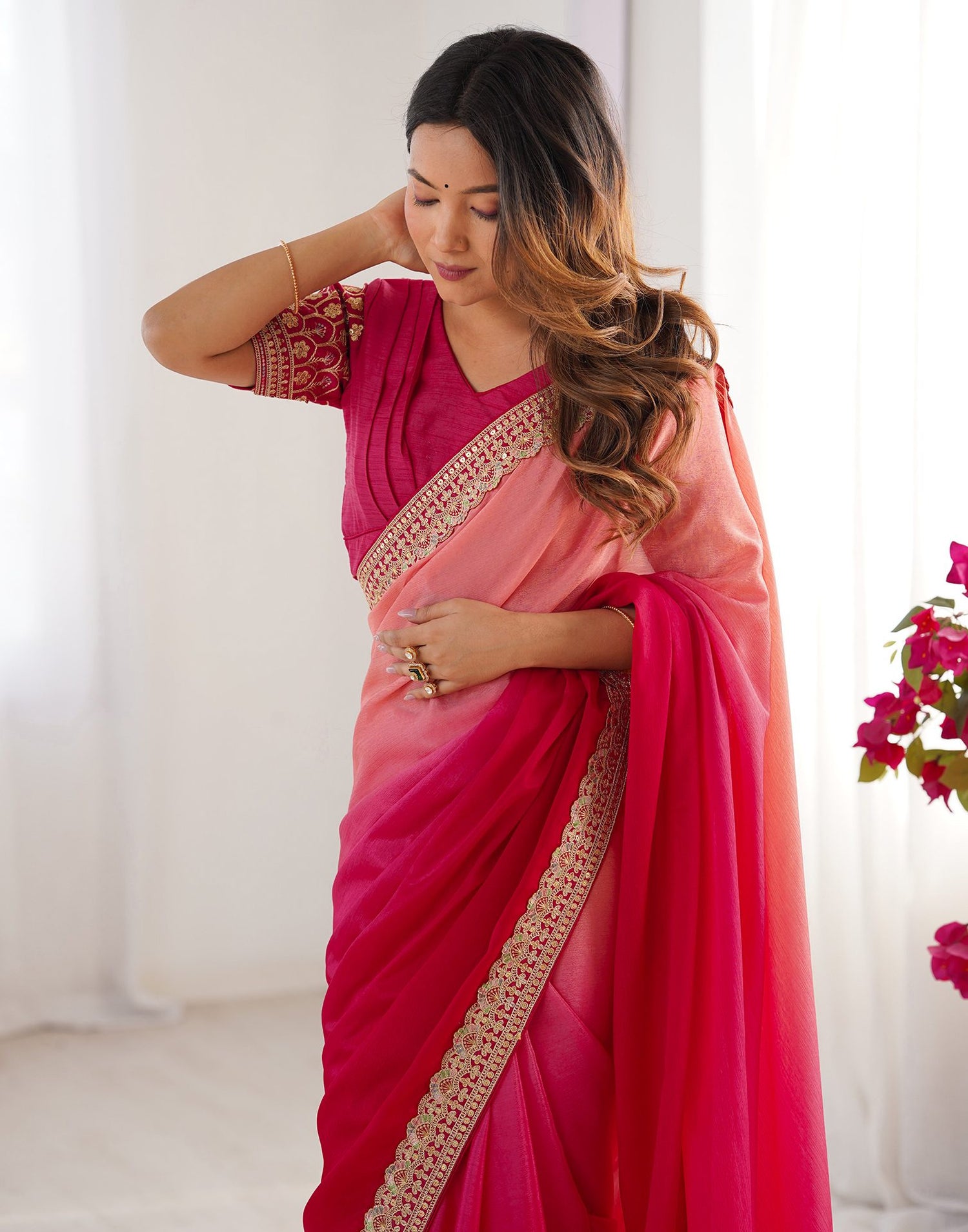 Pink Chinnon Sequence Lace Saree