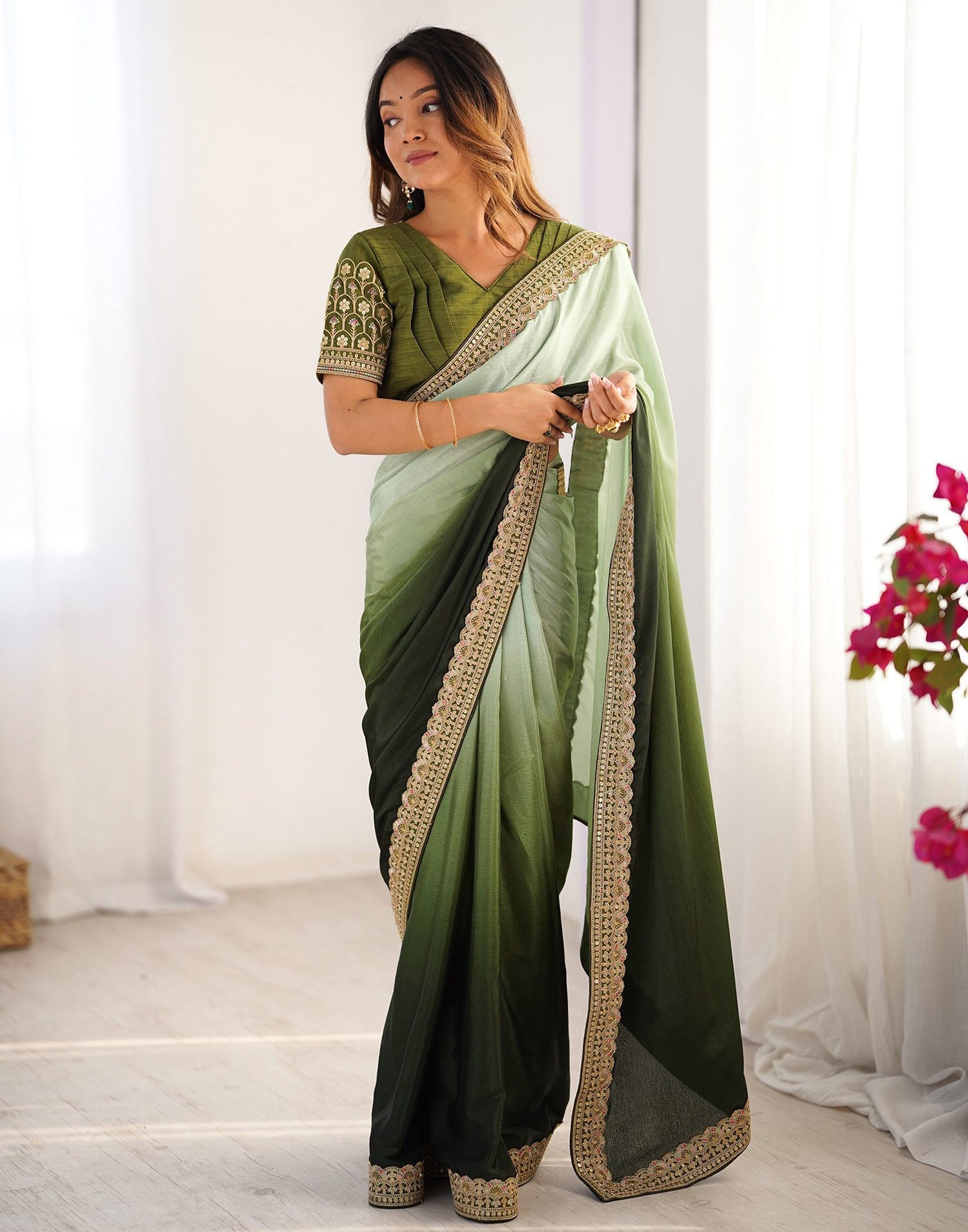 Olive Green Chinnon Sequence Lace Saree