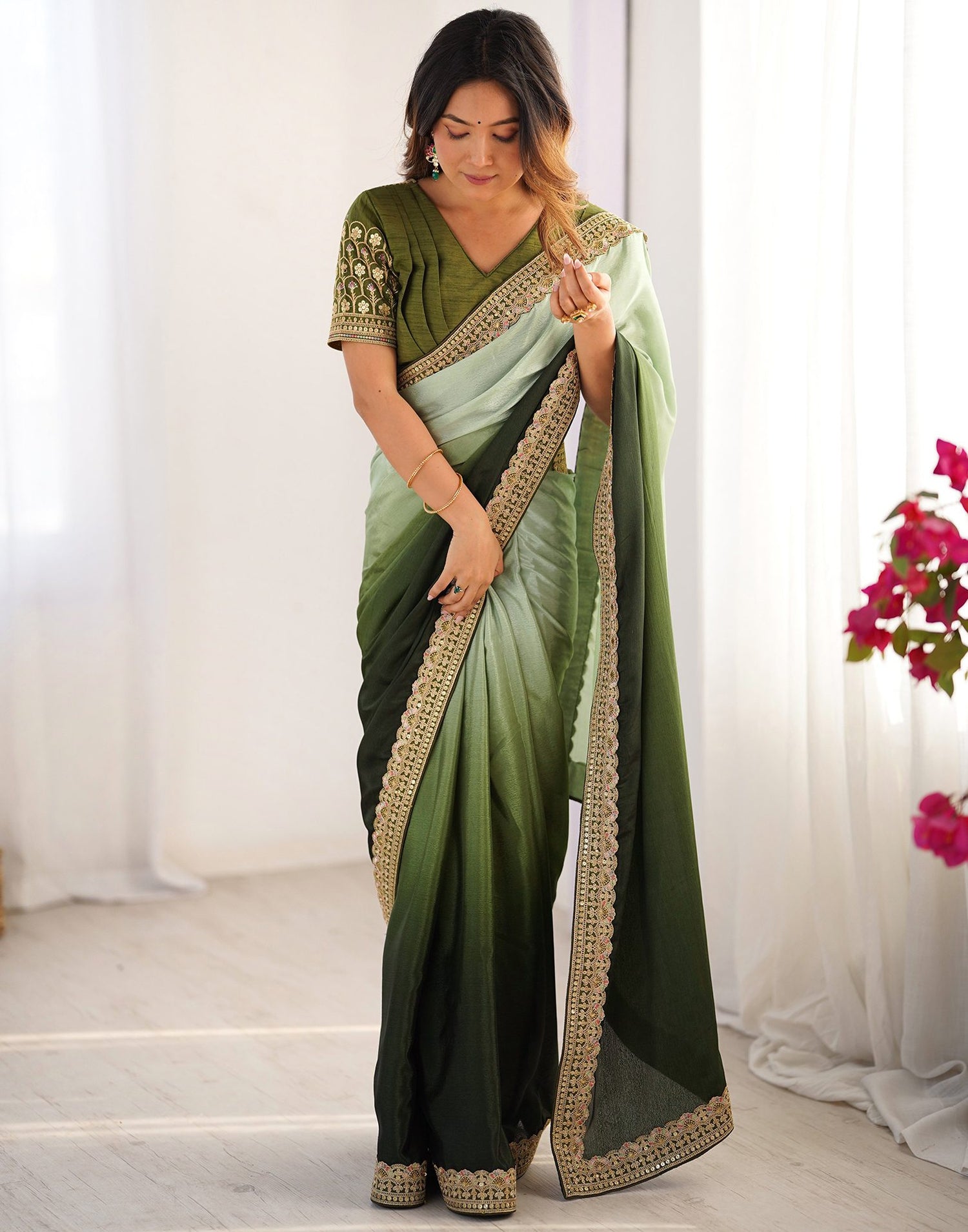 Olive Green Chinnon Sequence Lace Saree
