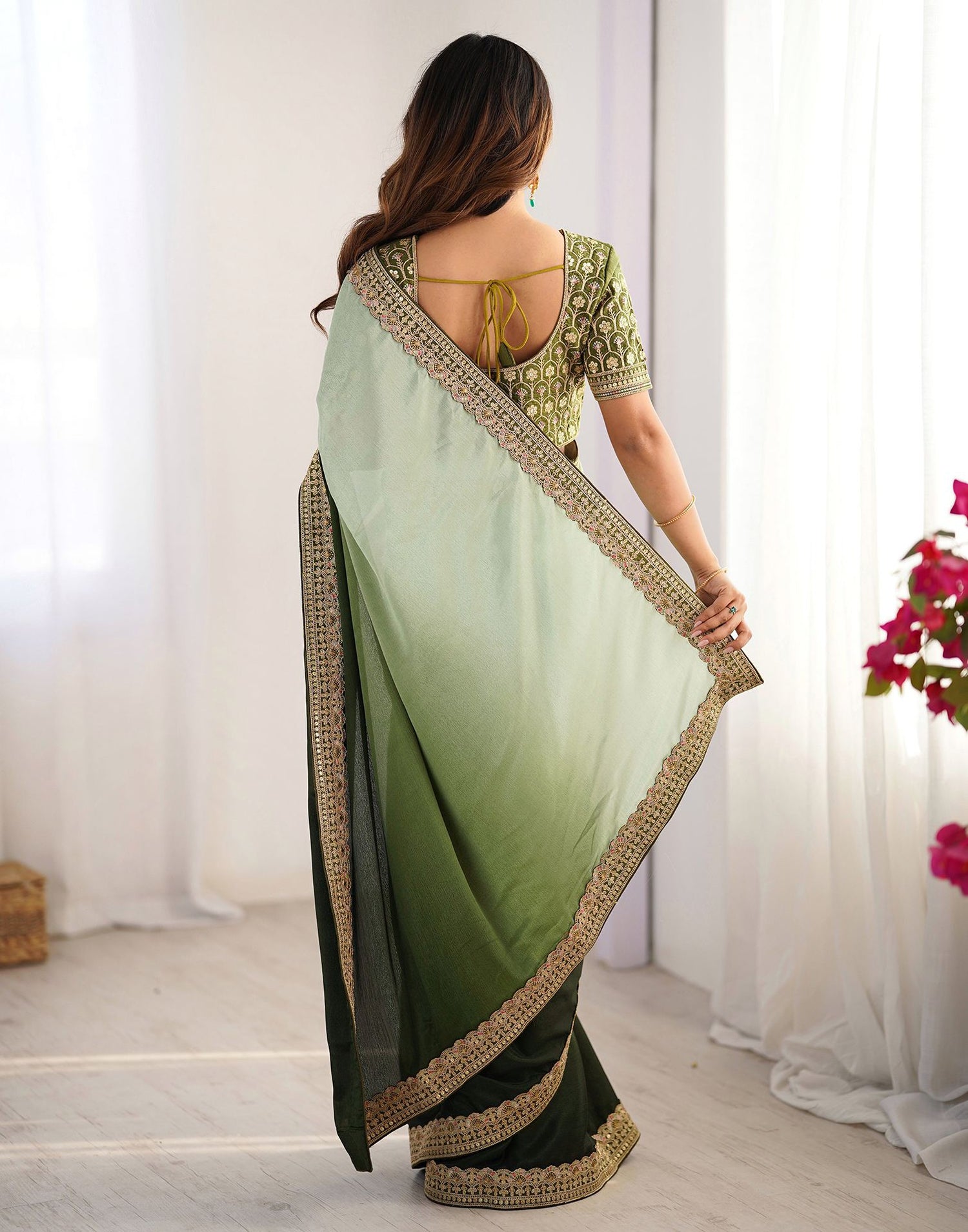 Olive Green Chinnon Sequence Lace Saree