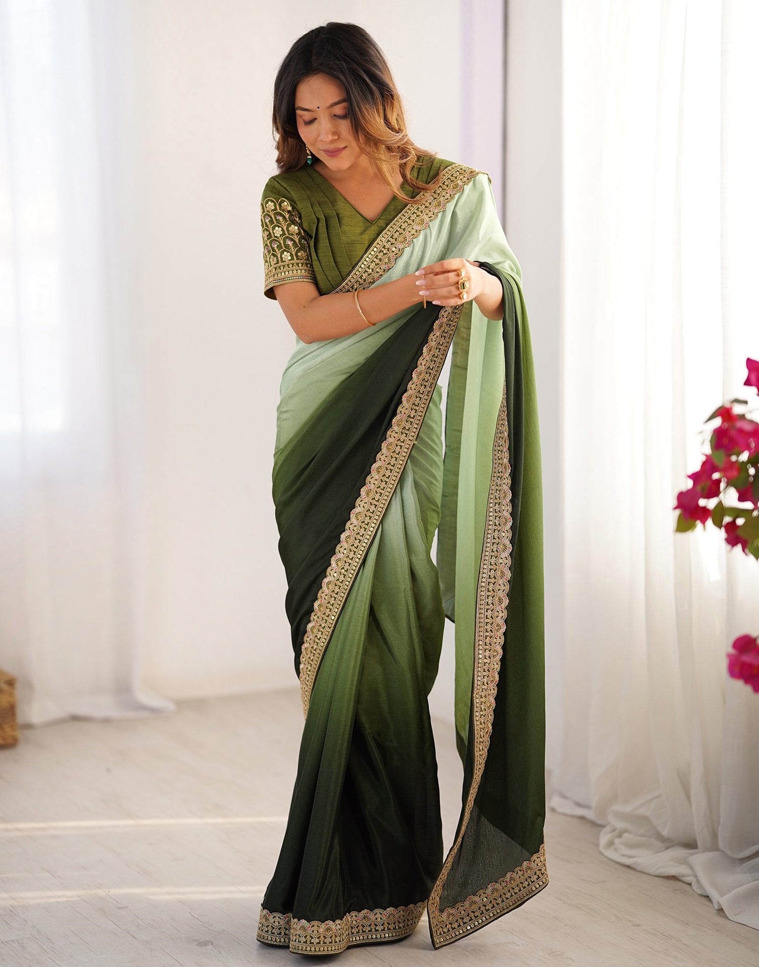 Olive Green Chinnon Sequence Lace Saree