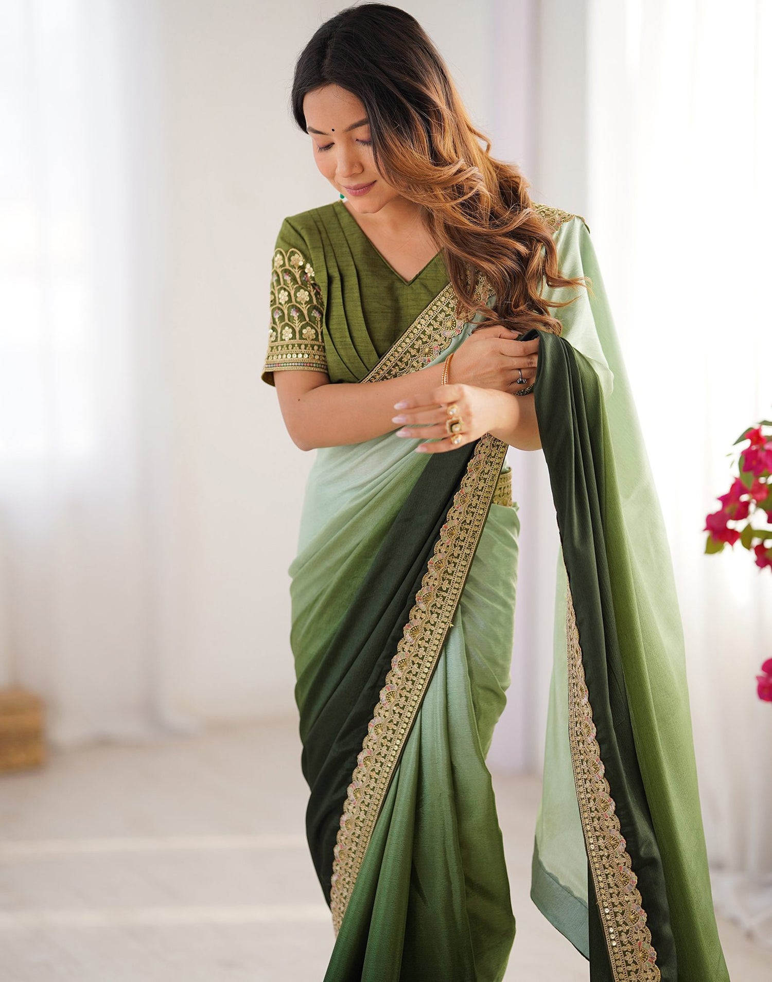 Olive Green Chinnon Sequence Lace Saree