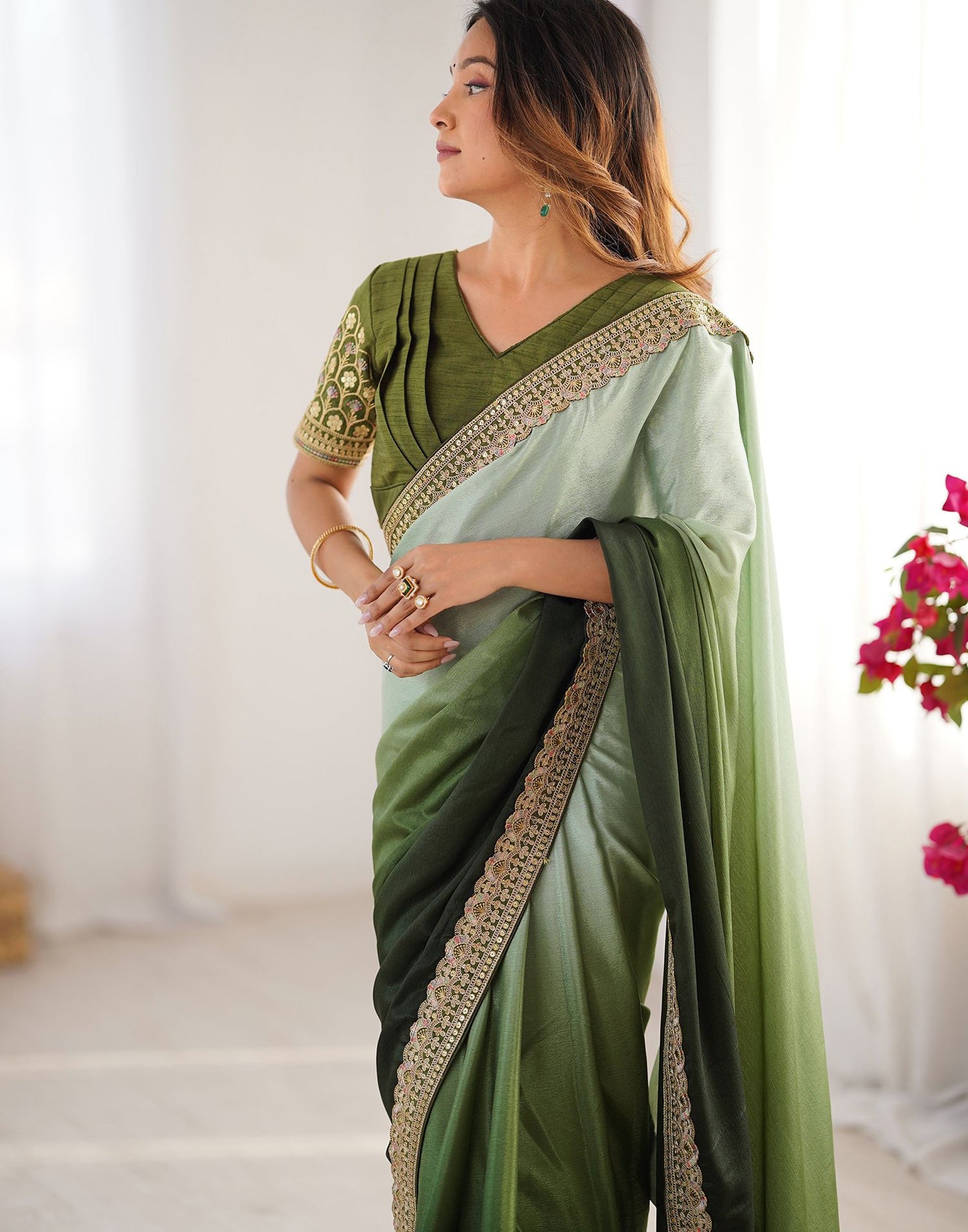 Olive Green Chinnon Sequence Lace Saree