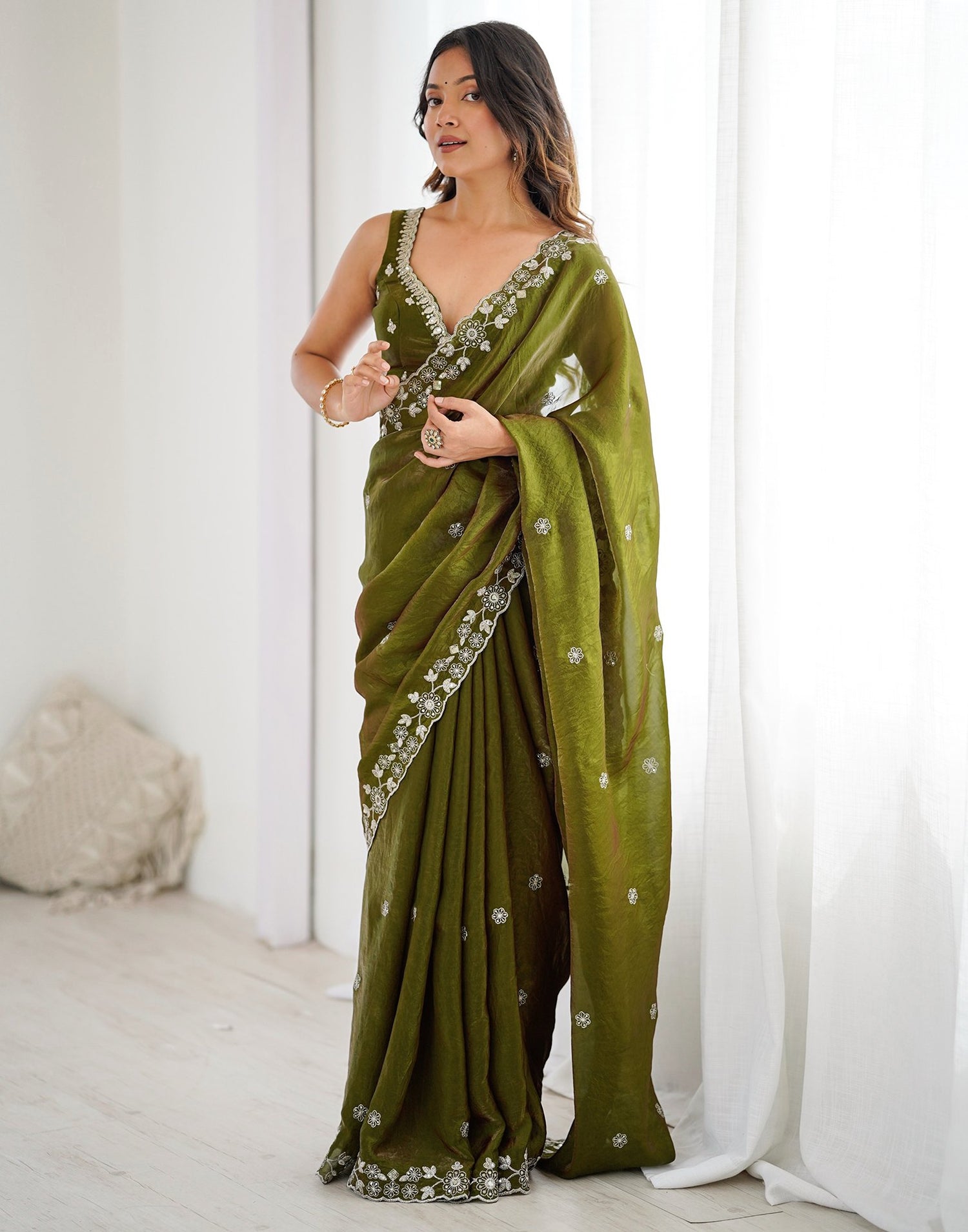 Mehndi Green Tissue Silk Sequence Embroidery Saree