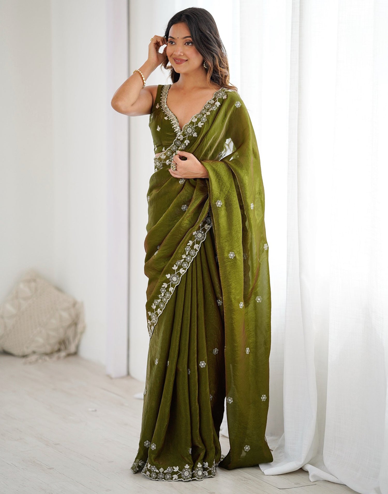 Mehndi Green Tissue Silk Sequence Embroidery Saree