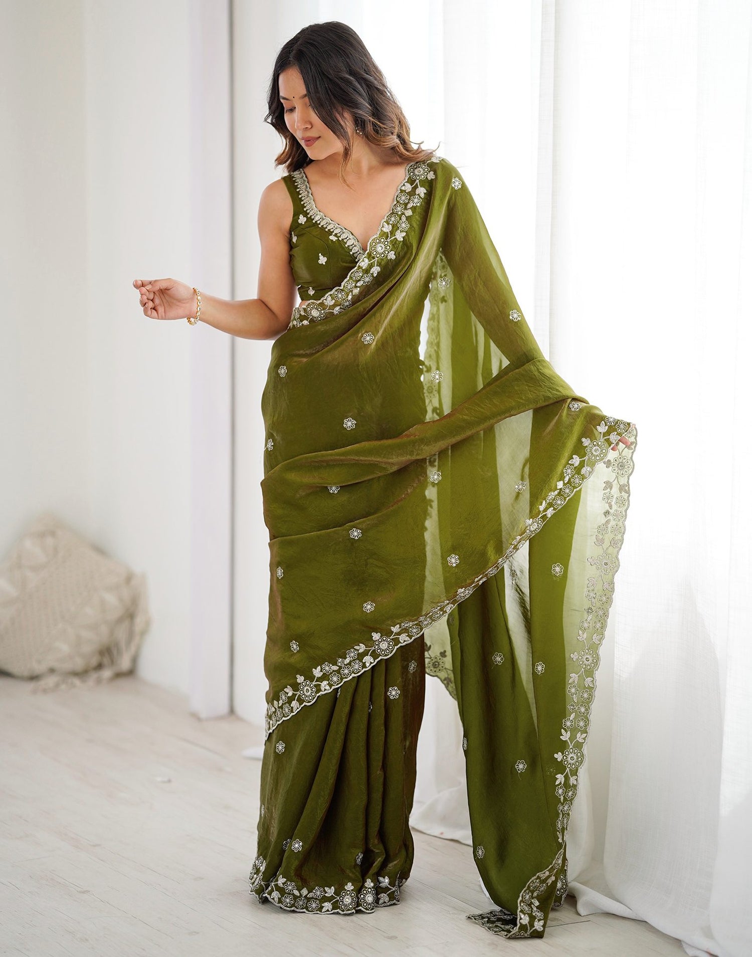 Mehndi Green Tissue Silk Sequence Embroidery Saree