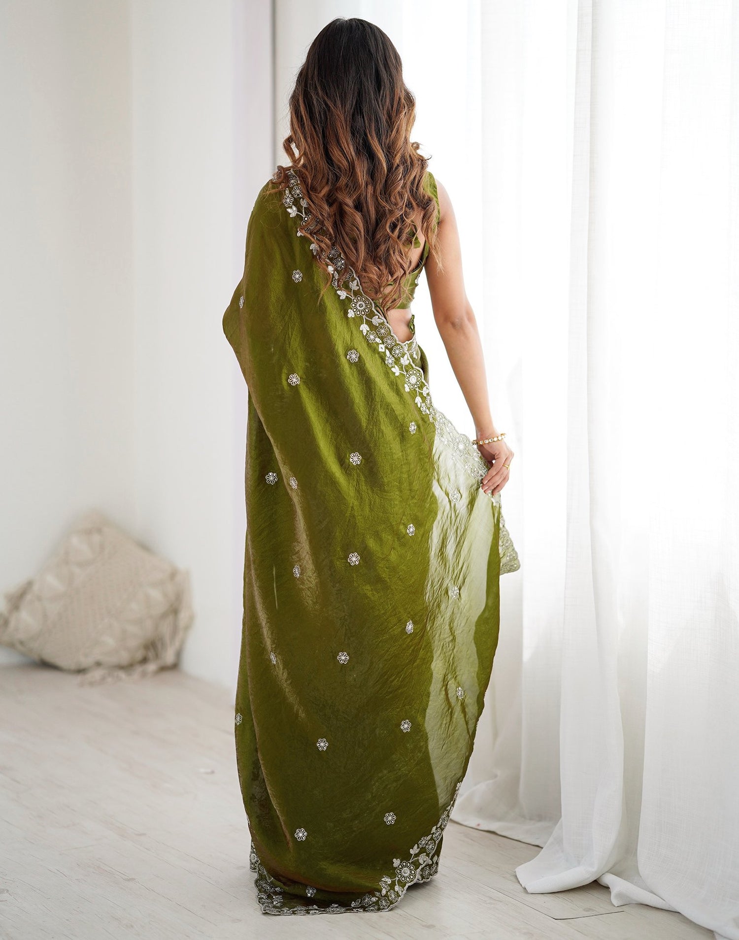 Mehndi Green Tissue Silk Sequence Embroidery Saree