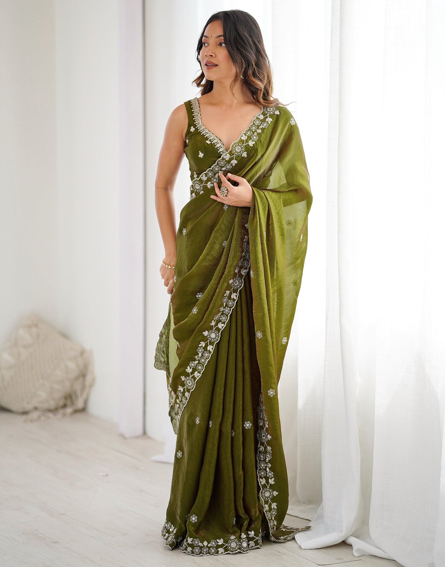 Mehndi Green Tissue Silk Sequence Embroidery Saree