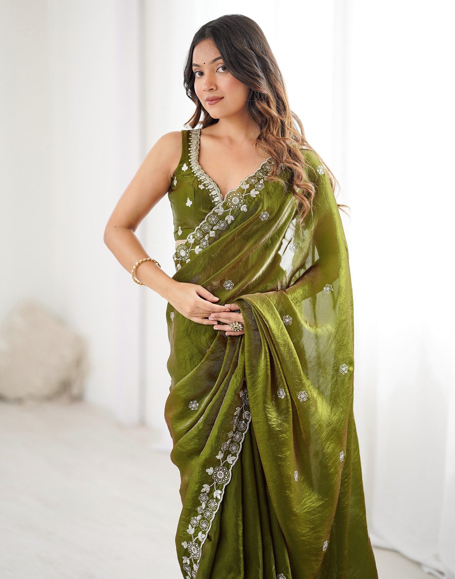 Mehndi Green Tissue Silk Sequence Embroidery Saree