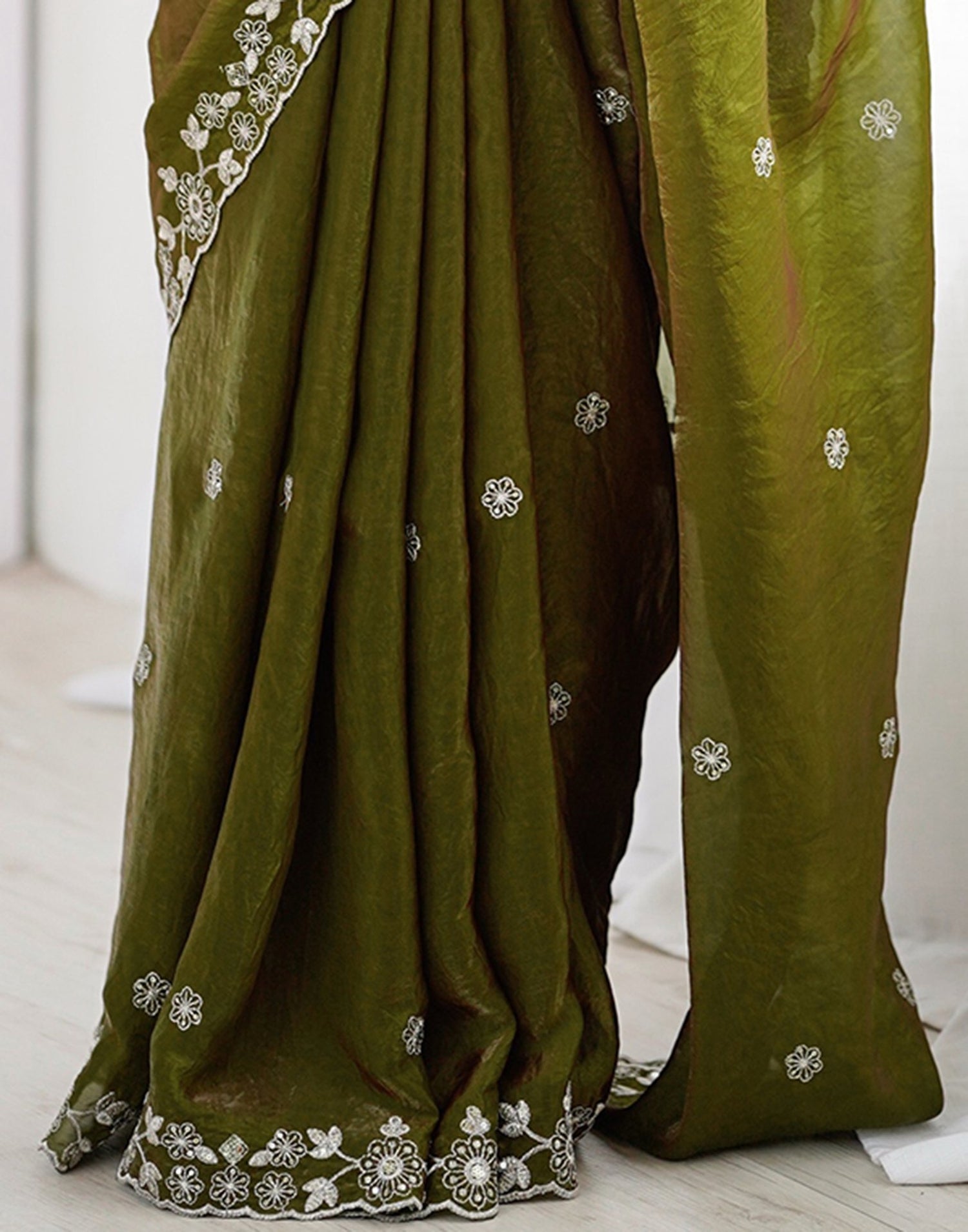 Mehndi Green Tissue Silk Sequence Embroidery Saree