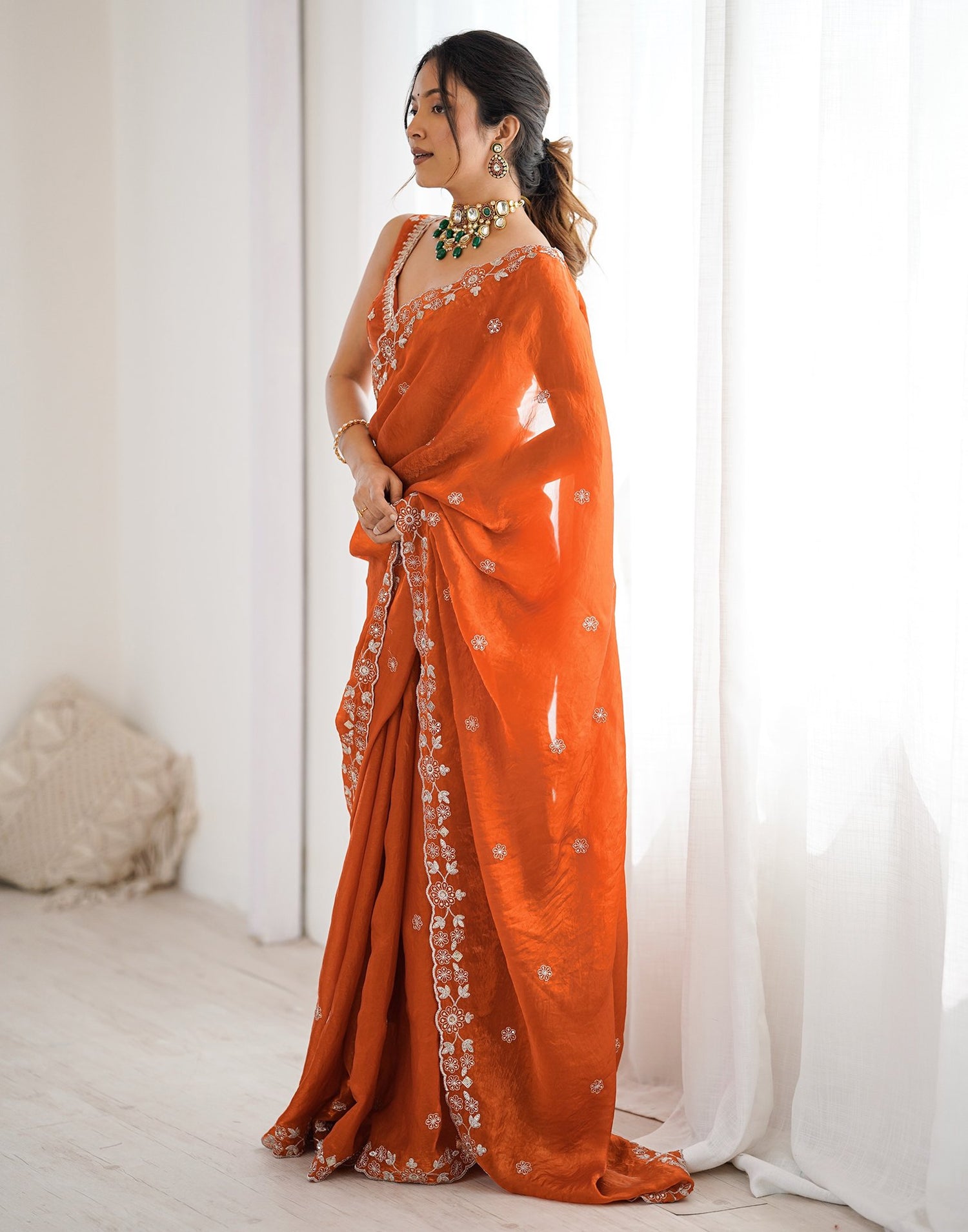 Orange Tissue Silk Sequence Embroidery Saree