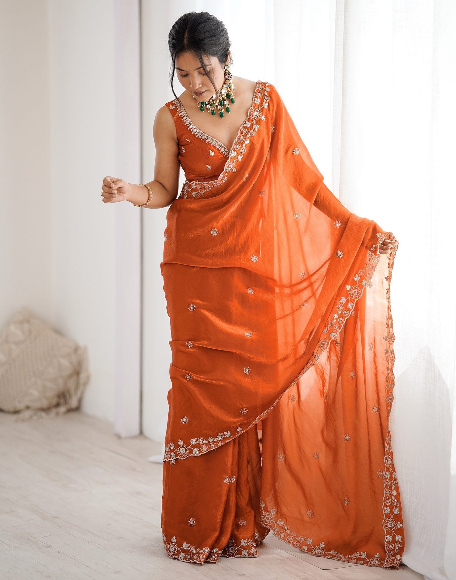 Orange Tissue Silk Sequence Embroidery Saree