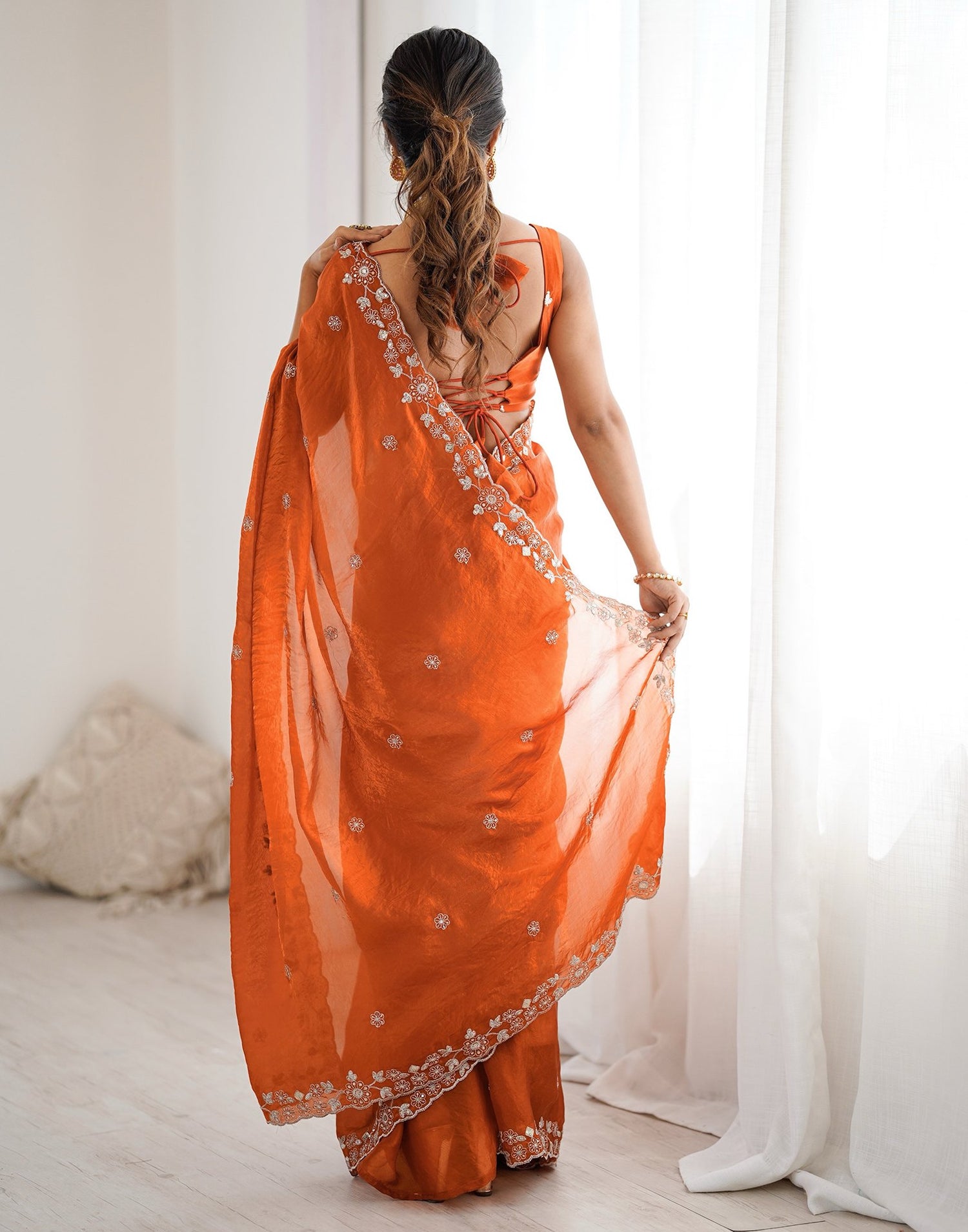 Orange Tissue Silk Sequence Embroidery Saree