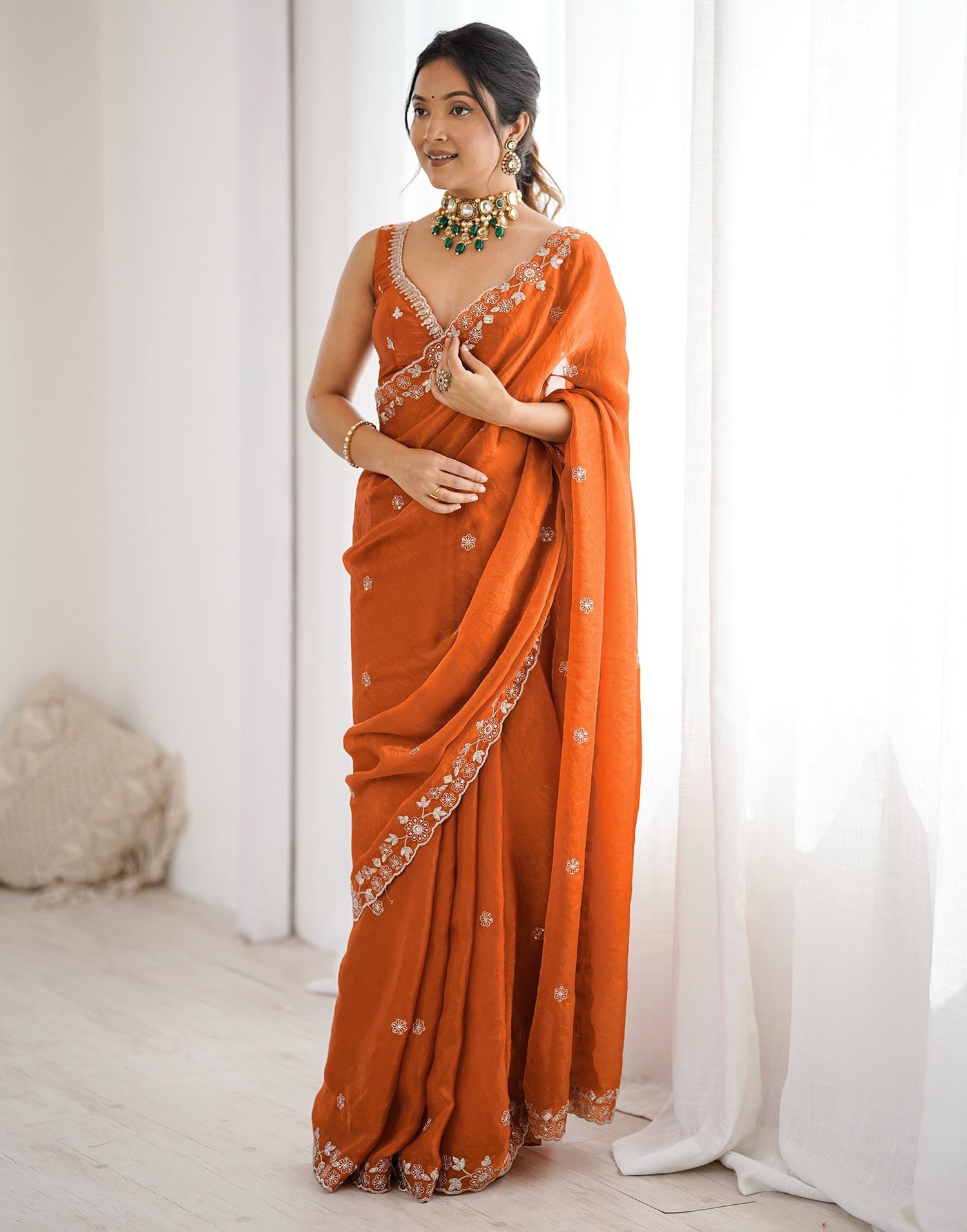 Orange Tissue Silk Sequence Embroidery Saree