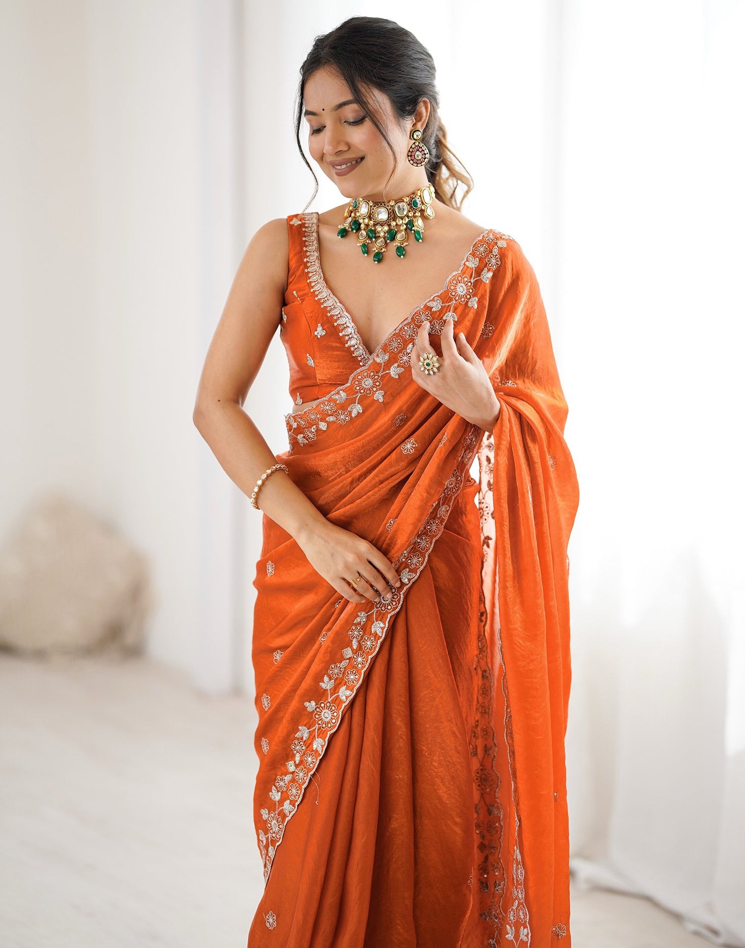 Orange Tissue Silk Sequence Embroidery Saree
