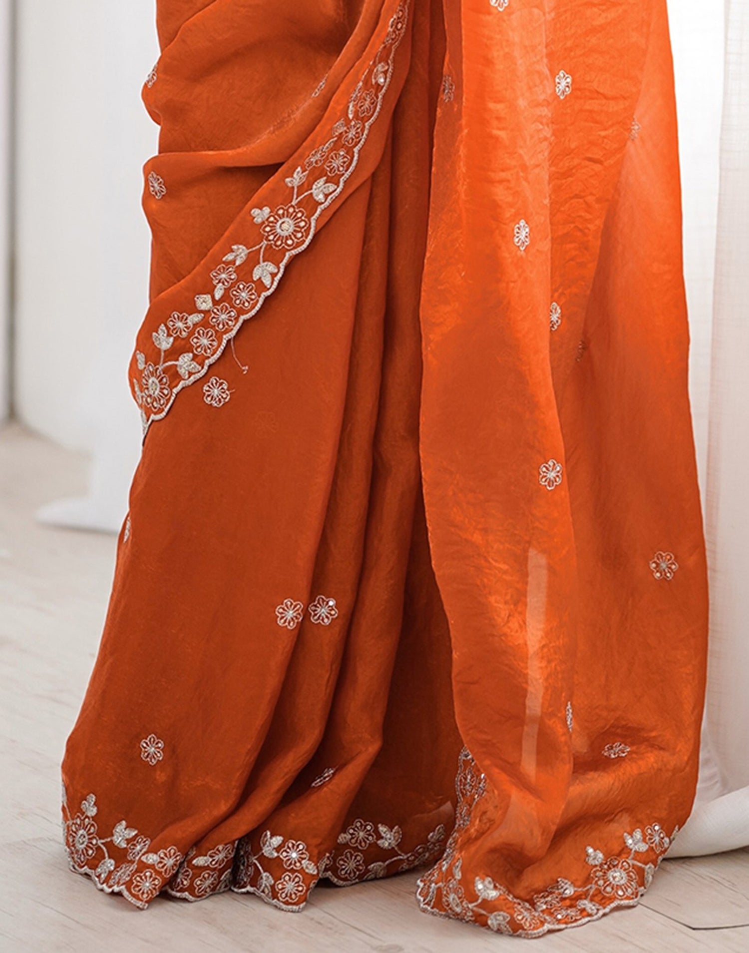 Orange Tissue Silk Sequence Embroidery Saree