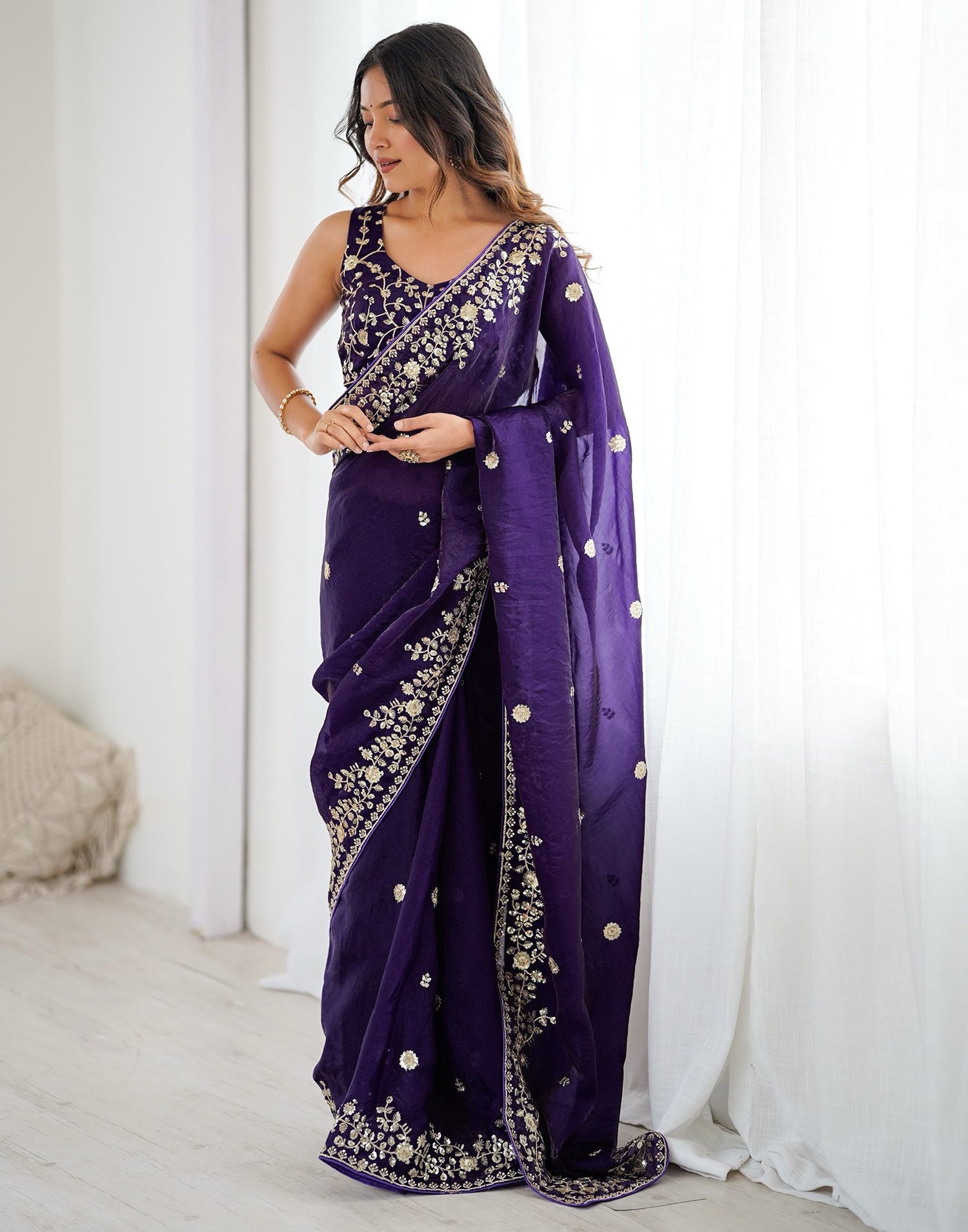 Purple Tissue Silk Sequence Embroidery Saree