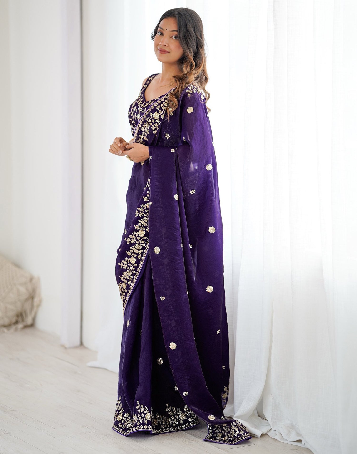 Purple Tissue Silk Sequence Embroidery Saree