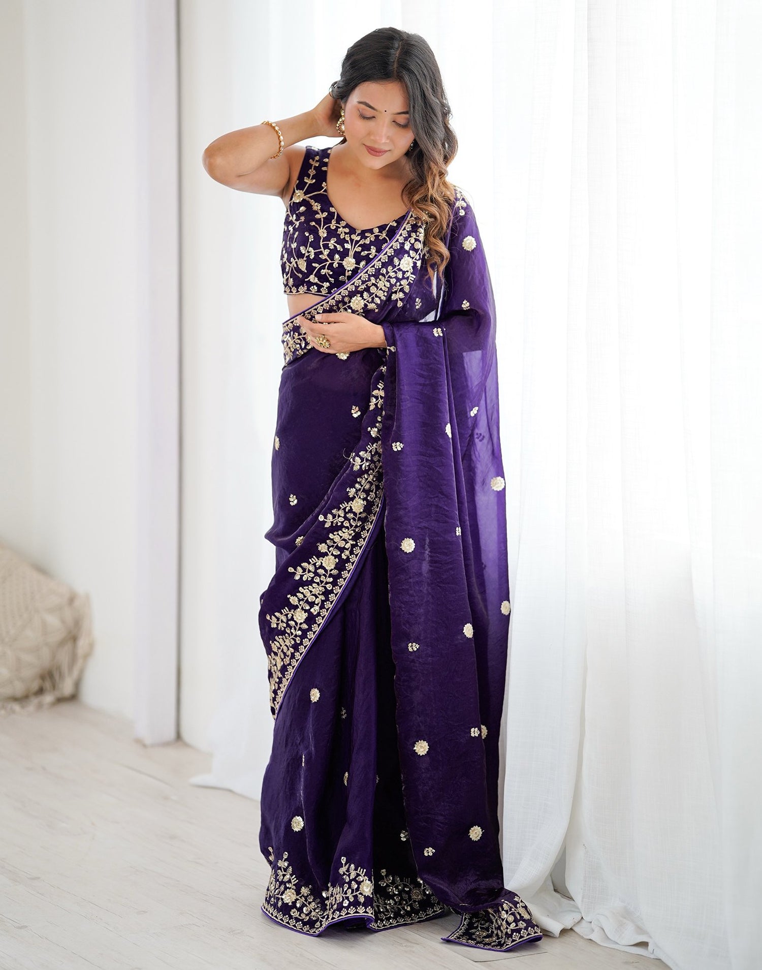 Purple Tissue Silk Sequence Embroidery Saree