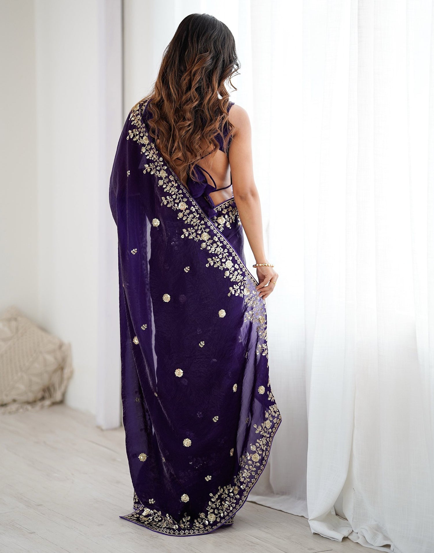 Purple Tissue Silk Sequence Embroidery Saree