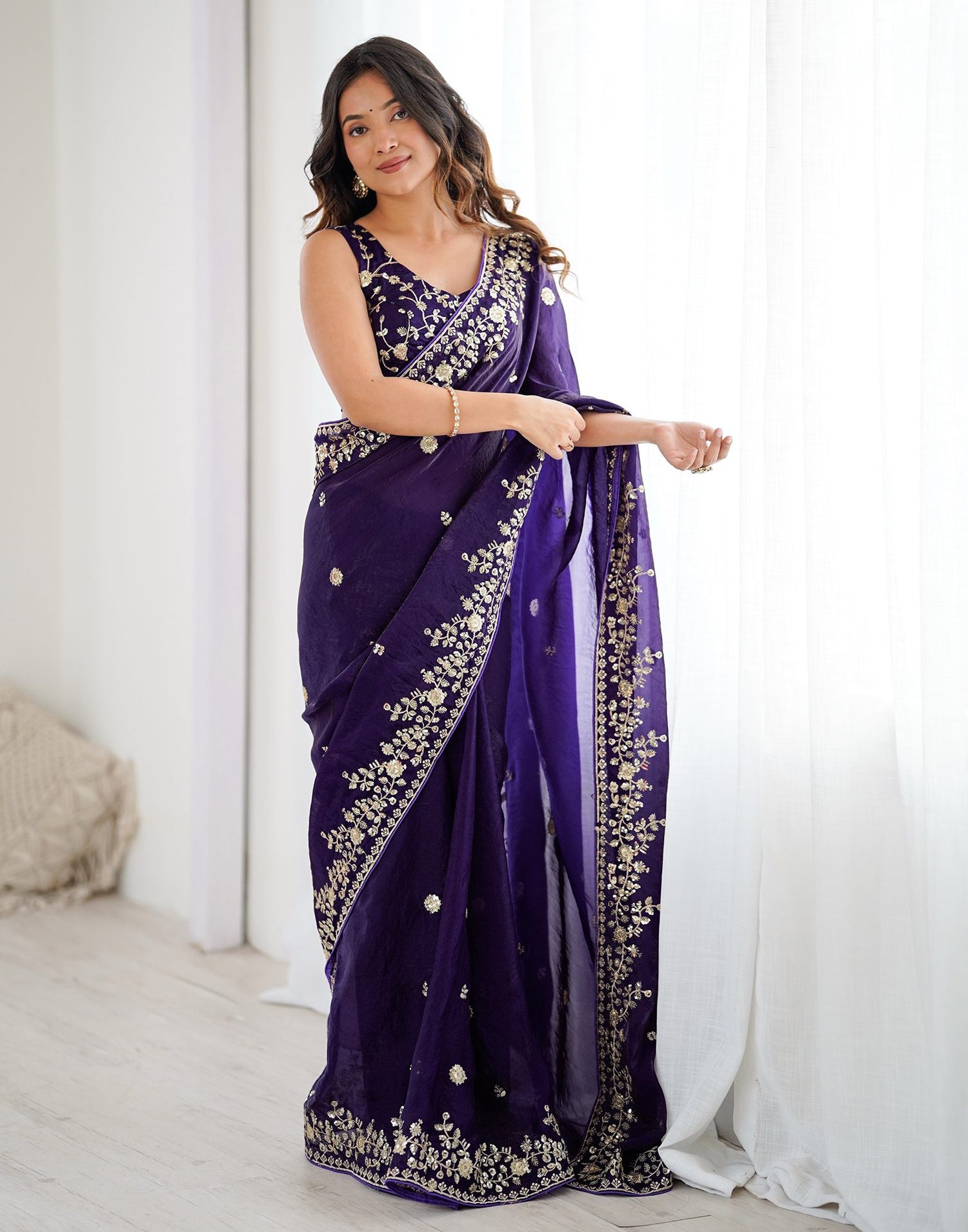 Purple Tissue Silk Sequence Embroidery Saree