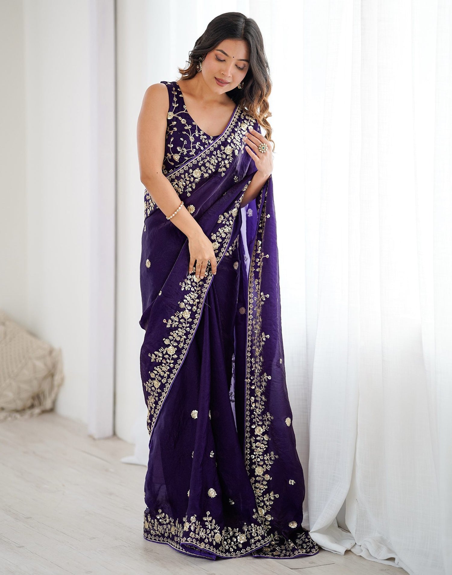 Purple Tissue Silk Sequence Embroidery Saree
