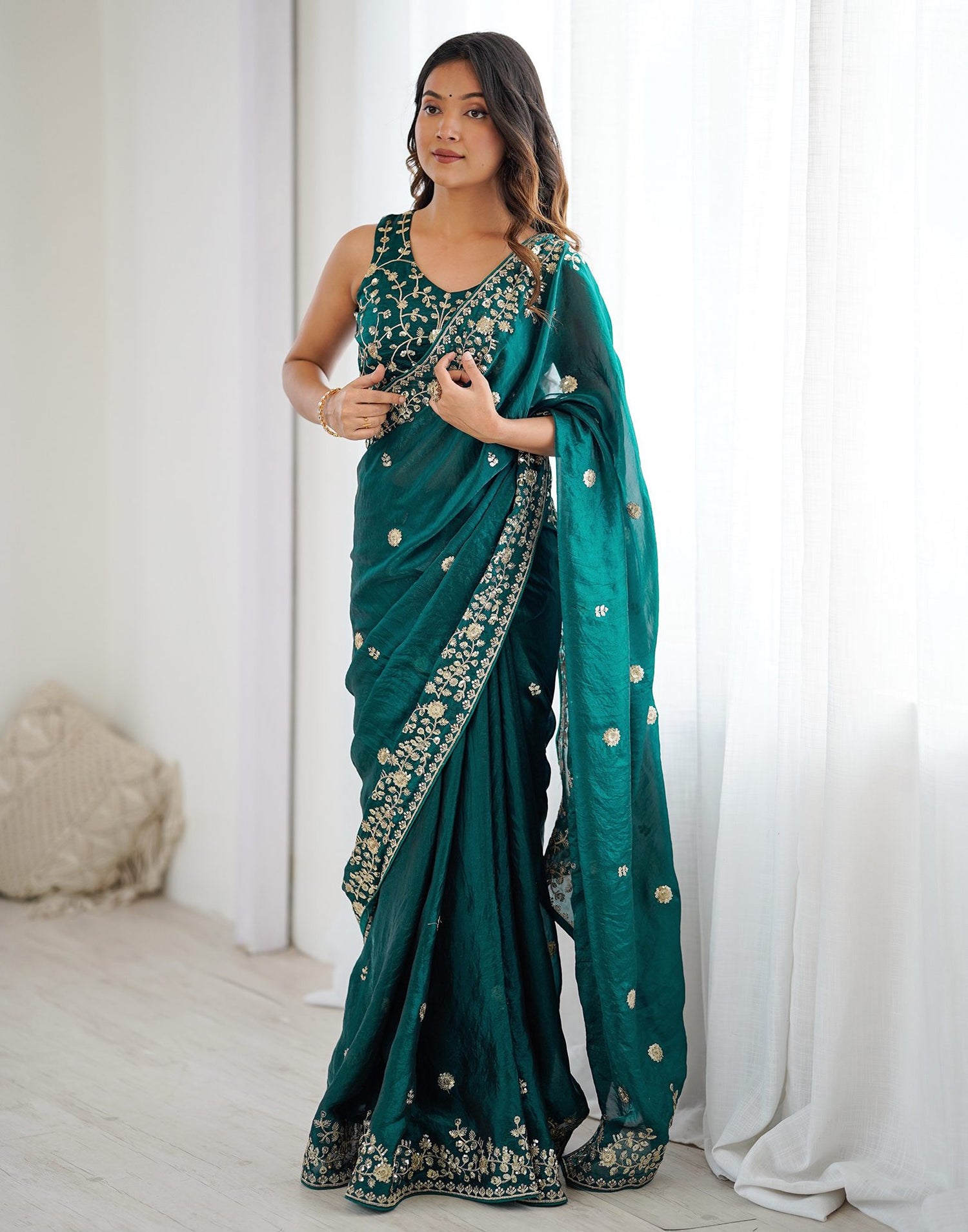 Rama Green Tissue Silk Sequence Embroidery Saree