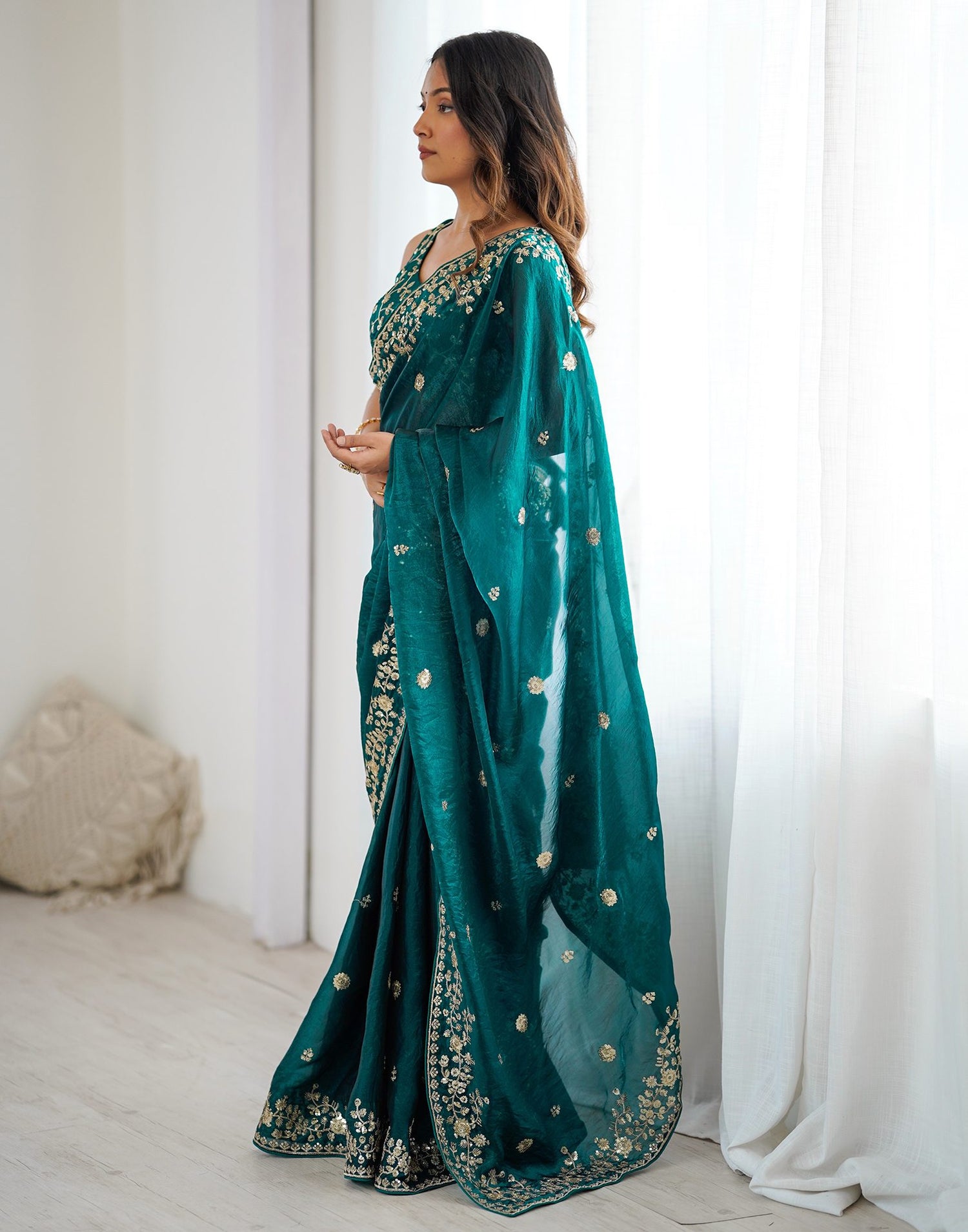 Rama Green Tissue Silk Sequence Embroidery Saree