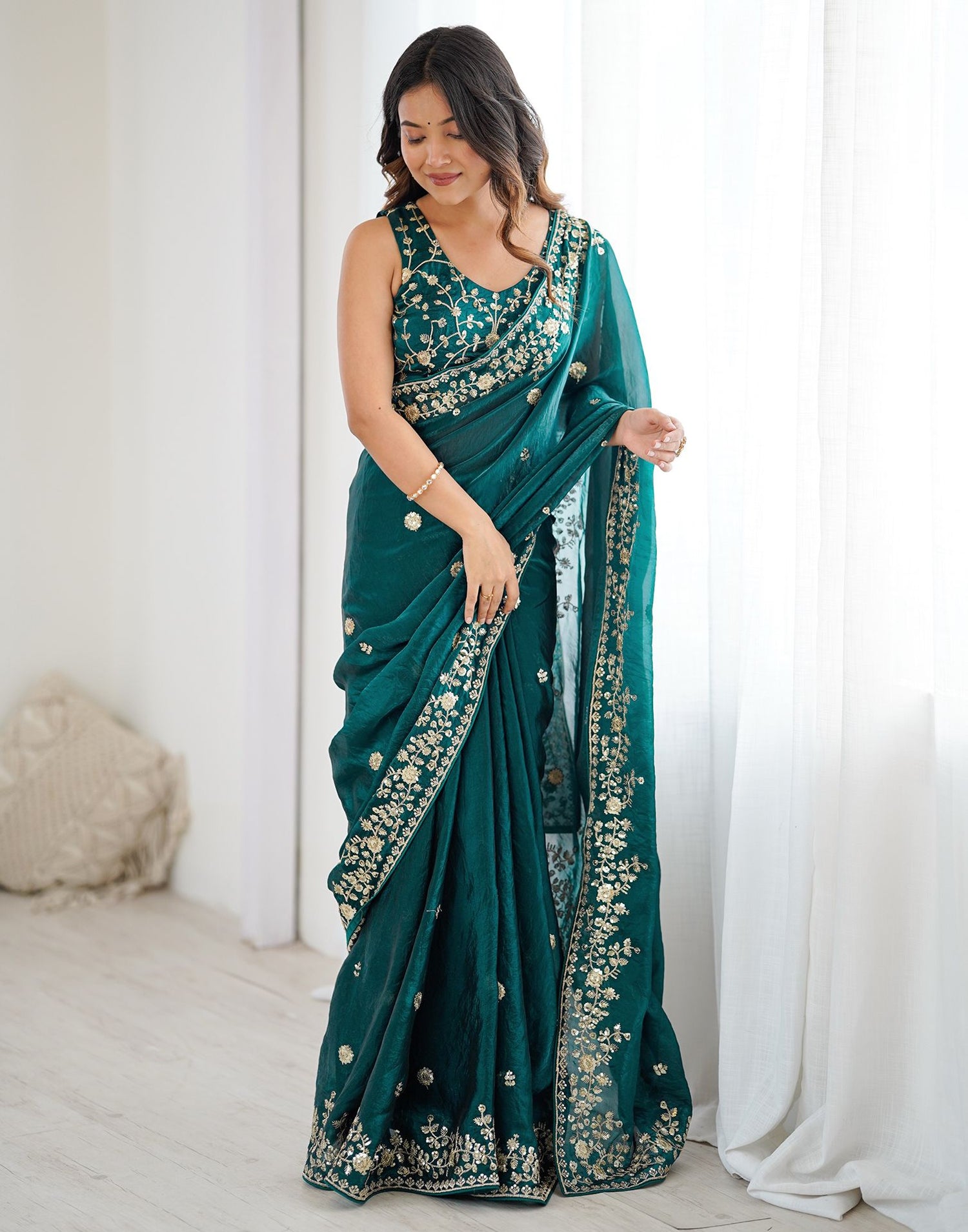 Rama Green Tissue Silk Sequence Embroidery Saree