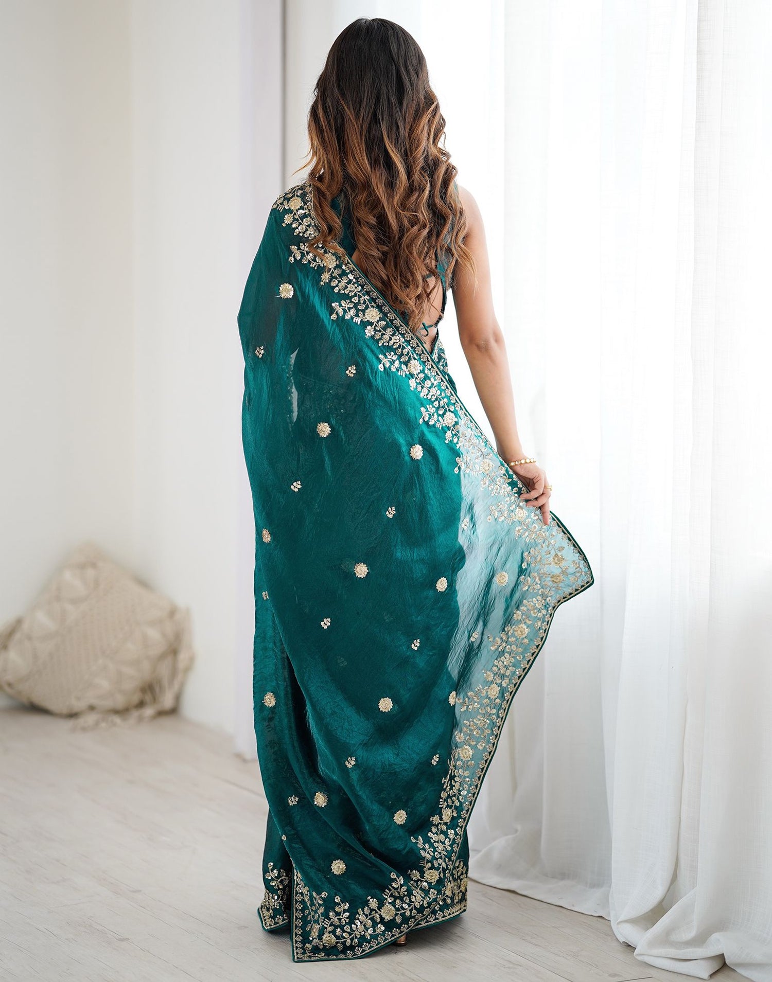 Rama Green Tissue Silk Sequence Embroidery Saree