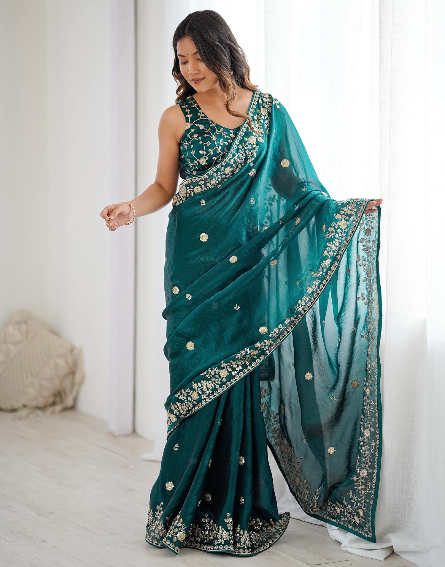 Rama Green Tissue Silk Sequence Embroidery Saree